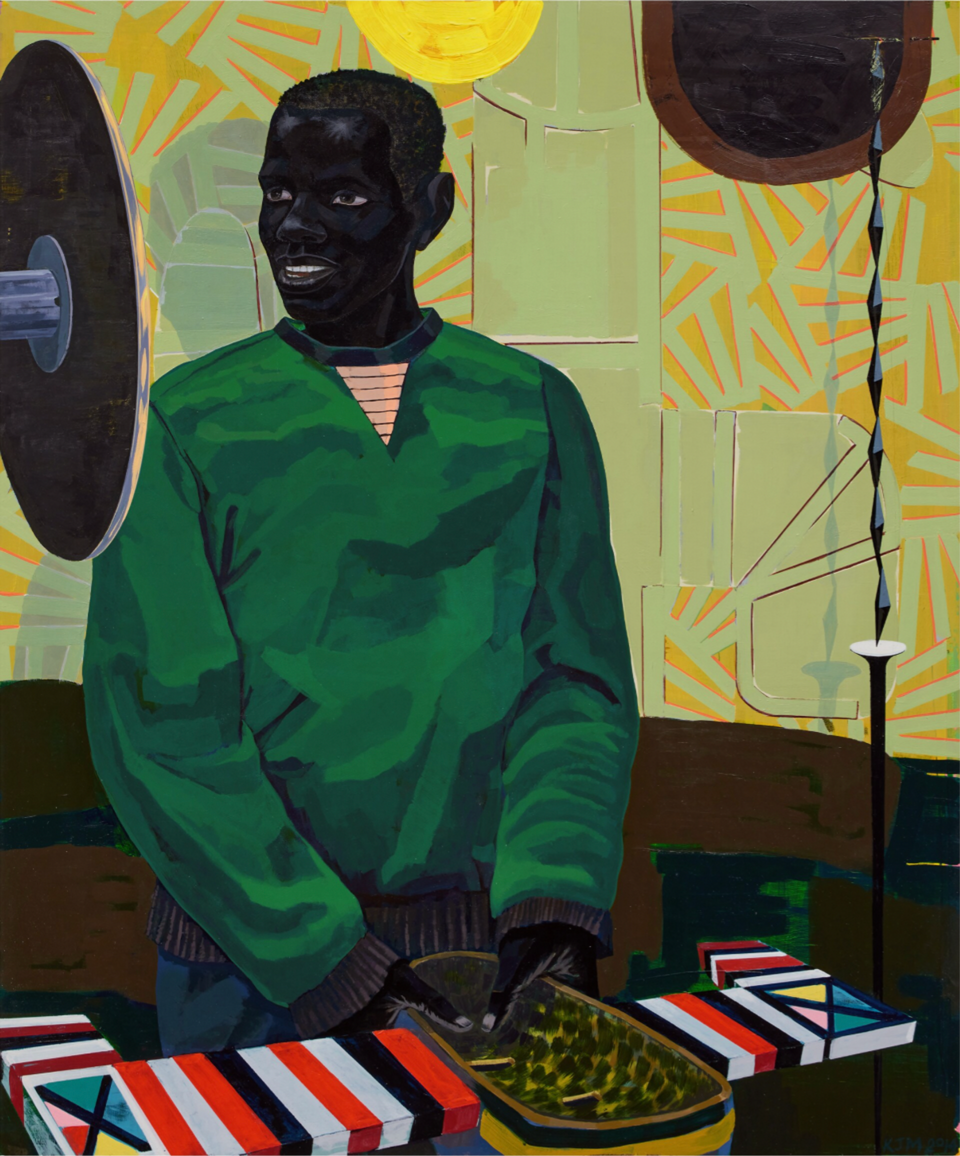 Large-scale portrait by Kerry James Marshall of a black man, standing and gazing at himself in a mirror, holding an African ritual mask. He wears a vibrant green jumper and blue trousers, set against pastel green and yellow wall adornments.