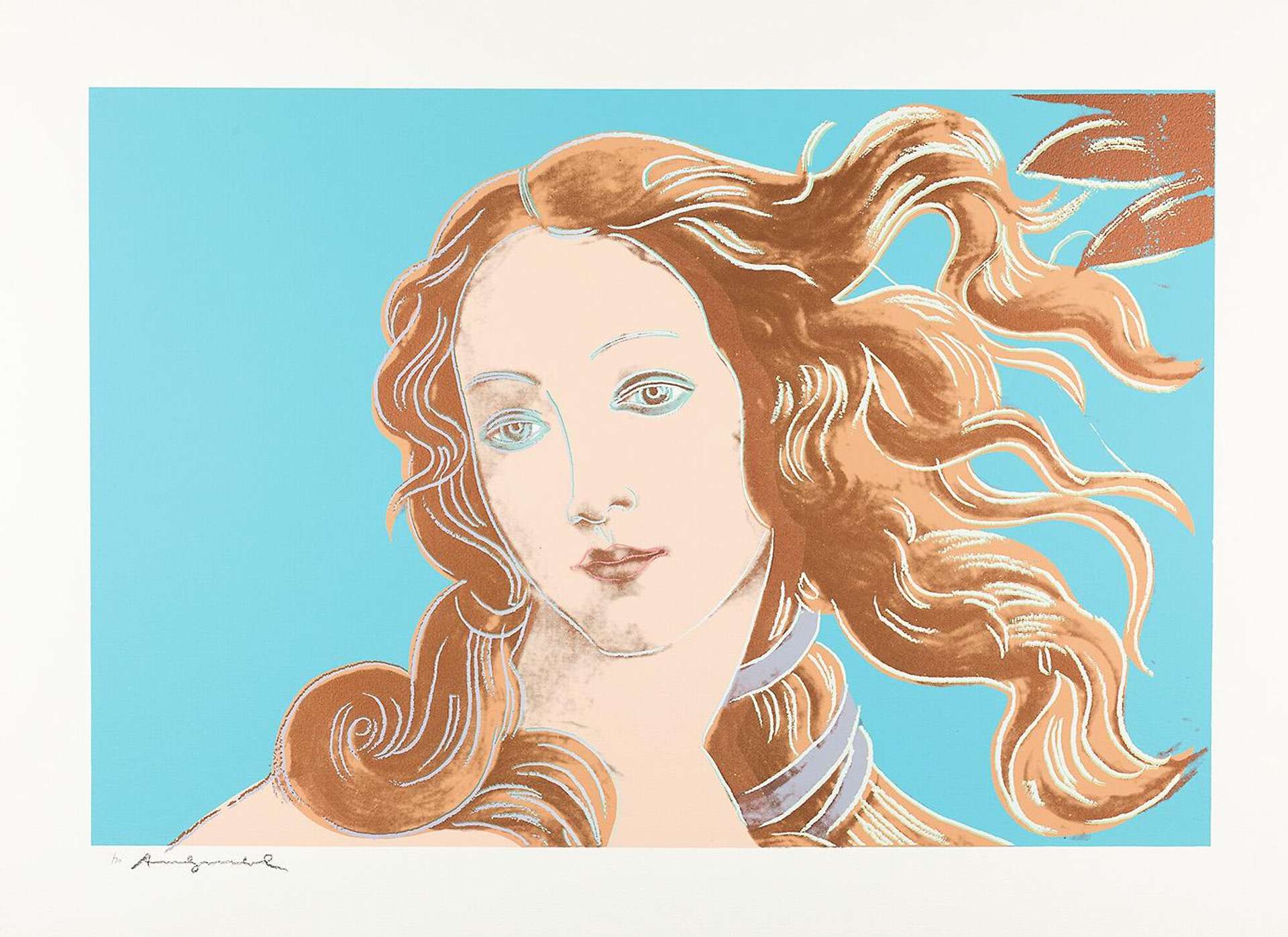 Andy Warhol’s print adapts Quattrocento artist Sandro Botticelli’s The Birth of Venus. He has cropped the scene, reducing the frame to her face, neck, and billowing hair. It is done in bright colours, including a turquoise blue background.
