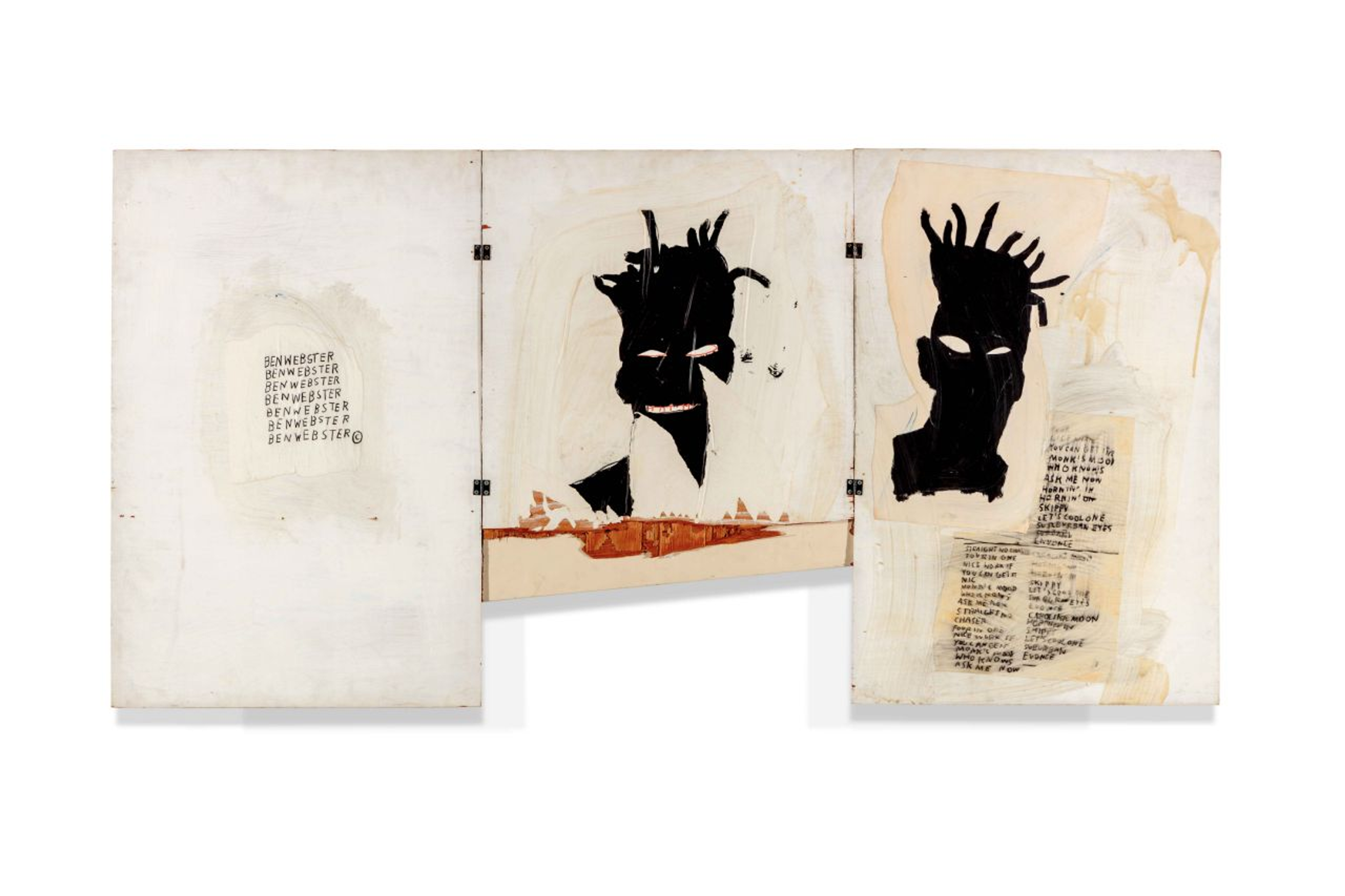 This triptych by Basquiat shows two self portraits, his face largely depicted in solid black except for eyes and a slightly parted mouth. To the left, the name Ben Webster is written repeatedly.