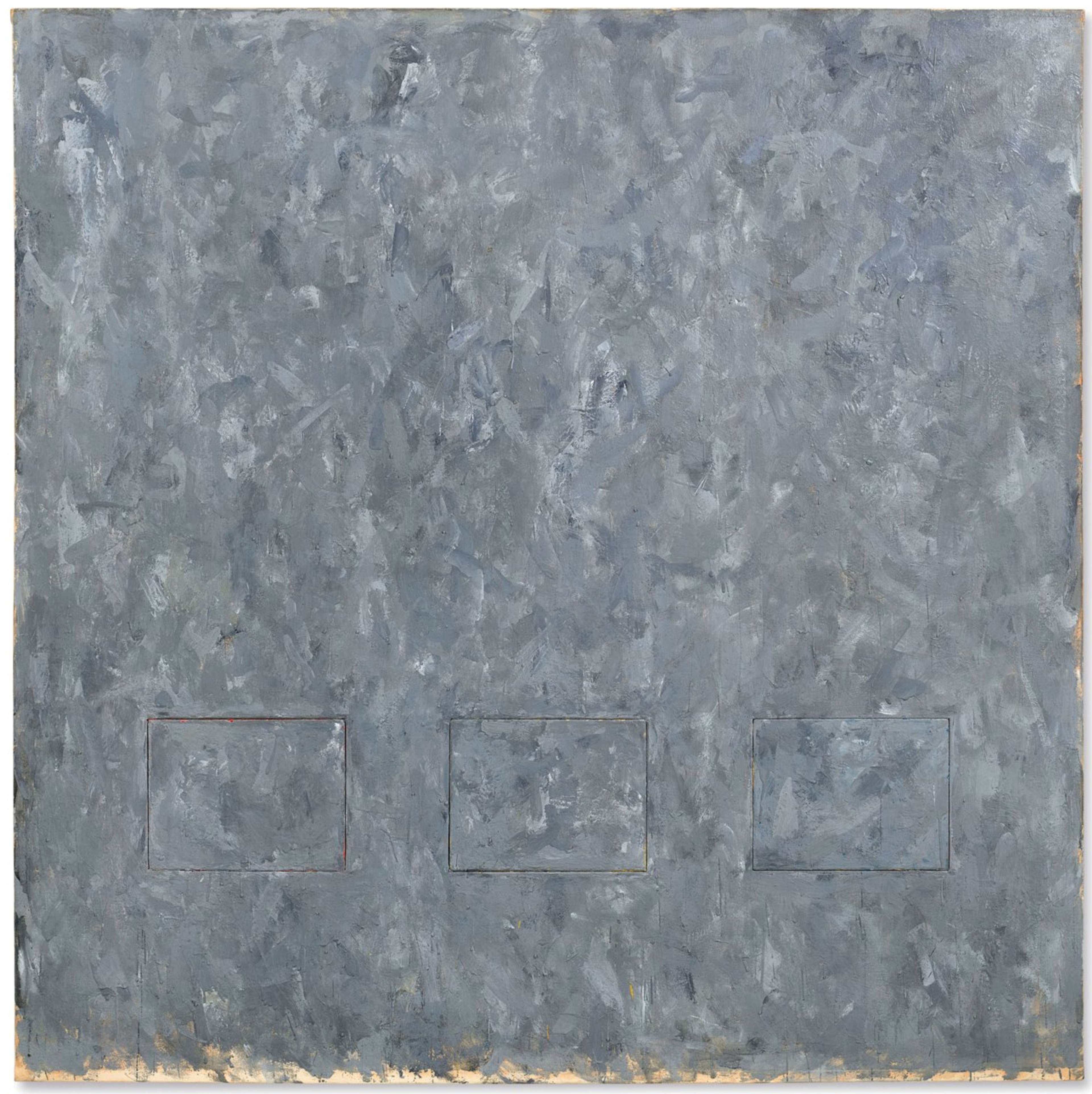 A gray abstract canvas by Jasper Johns displaying expressive brushwork in different tones, featuring three positioned rectangles in the lower section of the artwork.