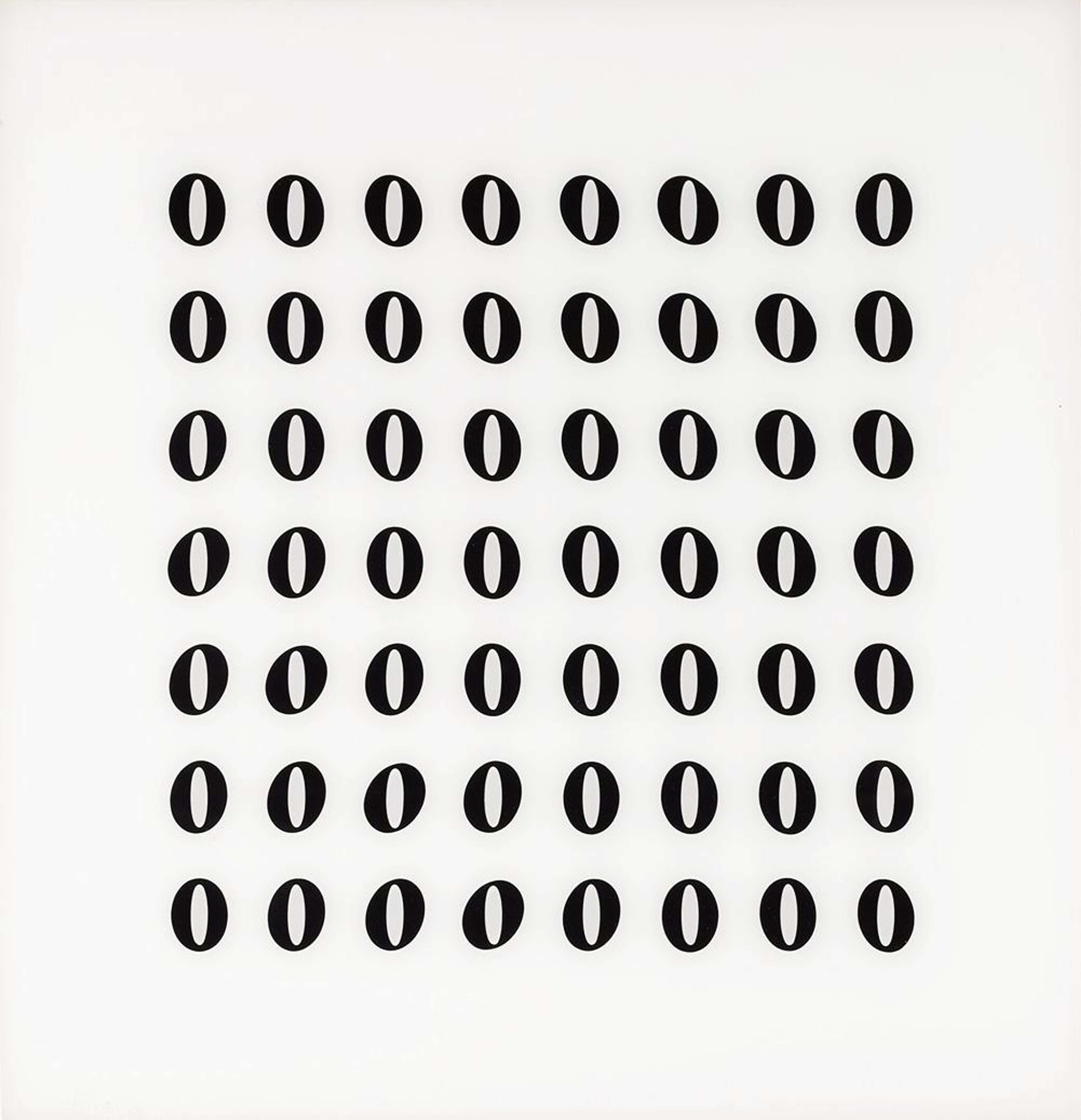 In this print redolent of binary code, Riley constructs a grid of zeroes only to skew the number with each repetition, creating a shifting illusion that defies any impression of regularity.