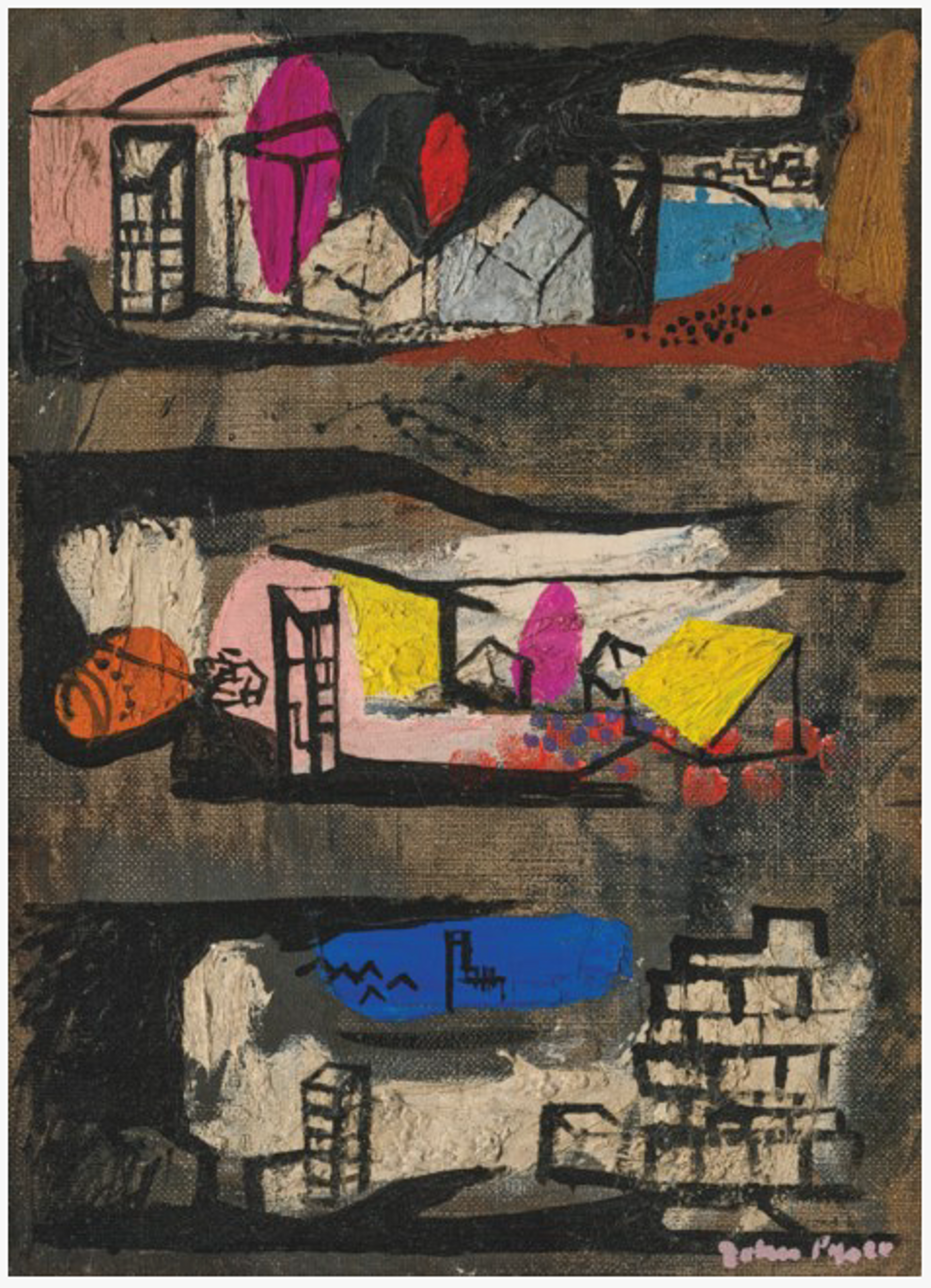 An abstract painting depicting England's coastal industrial landscape. Vertical canvas with three stacked scenes showing various scenery using abstracted blue, yellow, pink, and orange colours representing building structures. Detailed outlines in black emphasise the features.