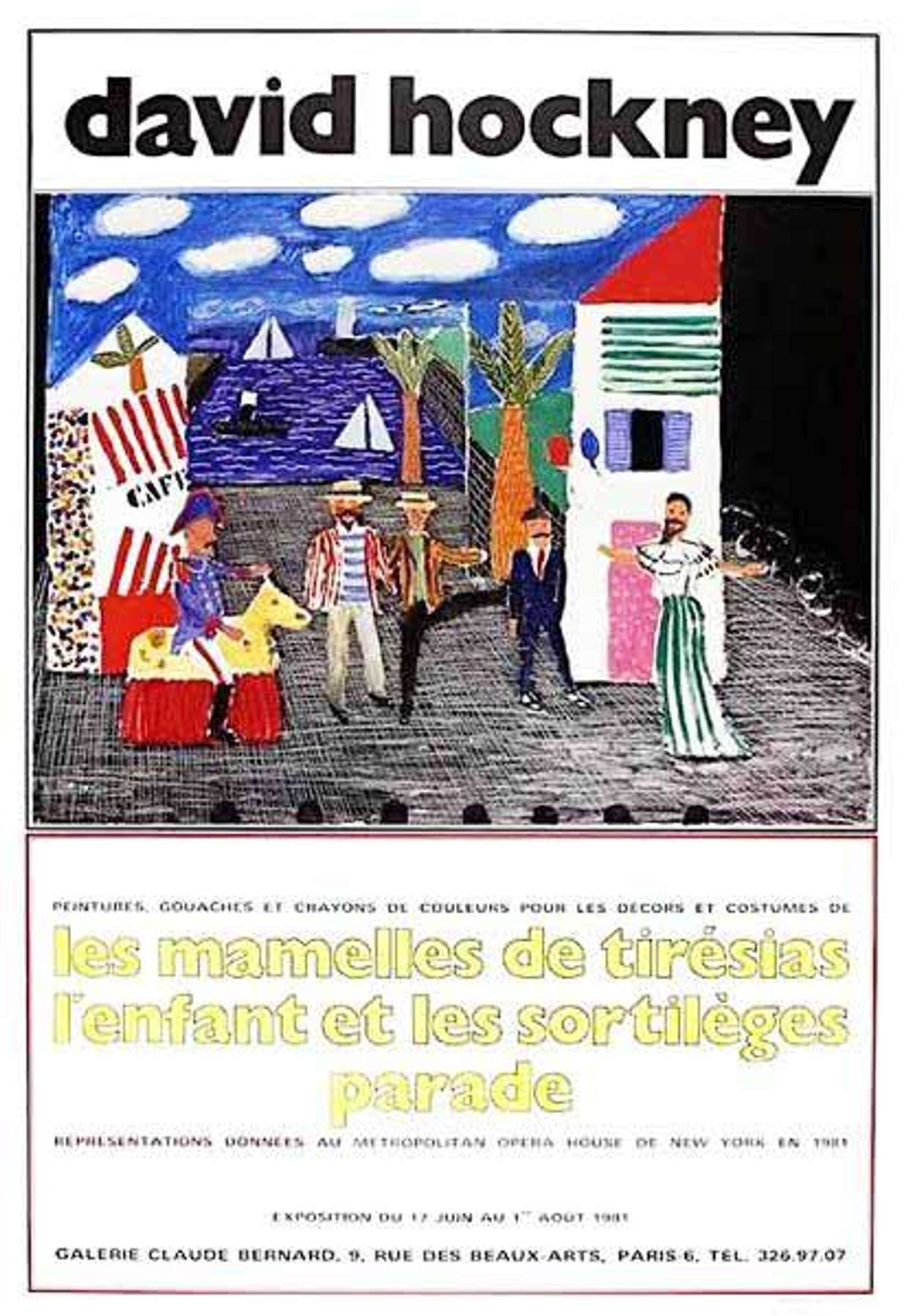 This poster for an opera by David Hockney shows several figures standing on a town square, as a maritime scene unfolds in the background.