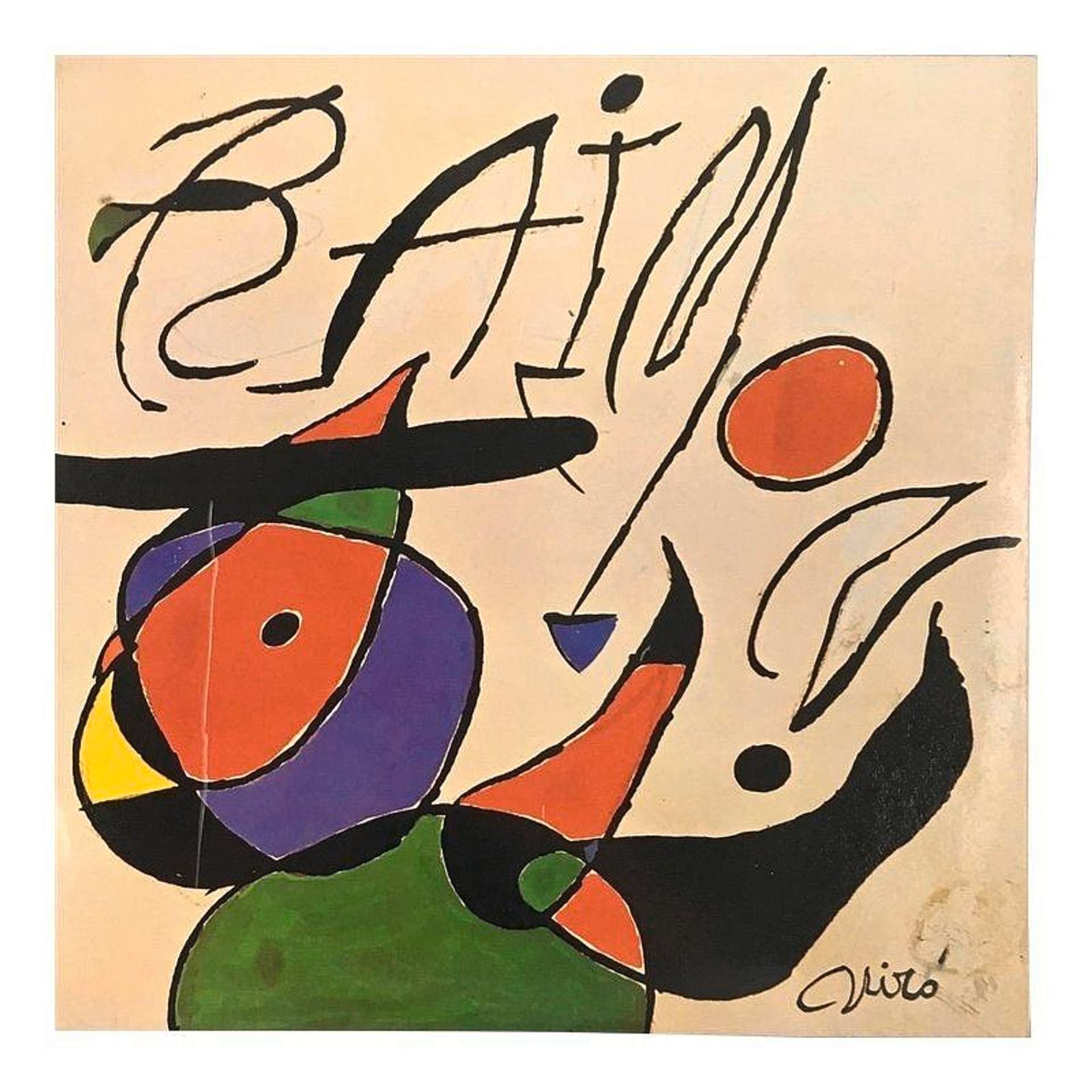 An image of the album cover for Quan L’aigua Es Queixa, designed by artist Joan Miró. It is an abstract figure, depicted in primary colours, alongside a stylised depiction of the musician Raimon’s name.