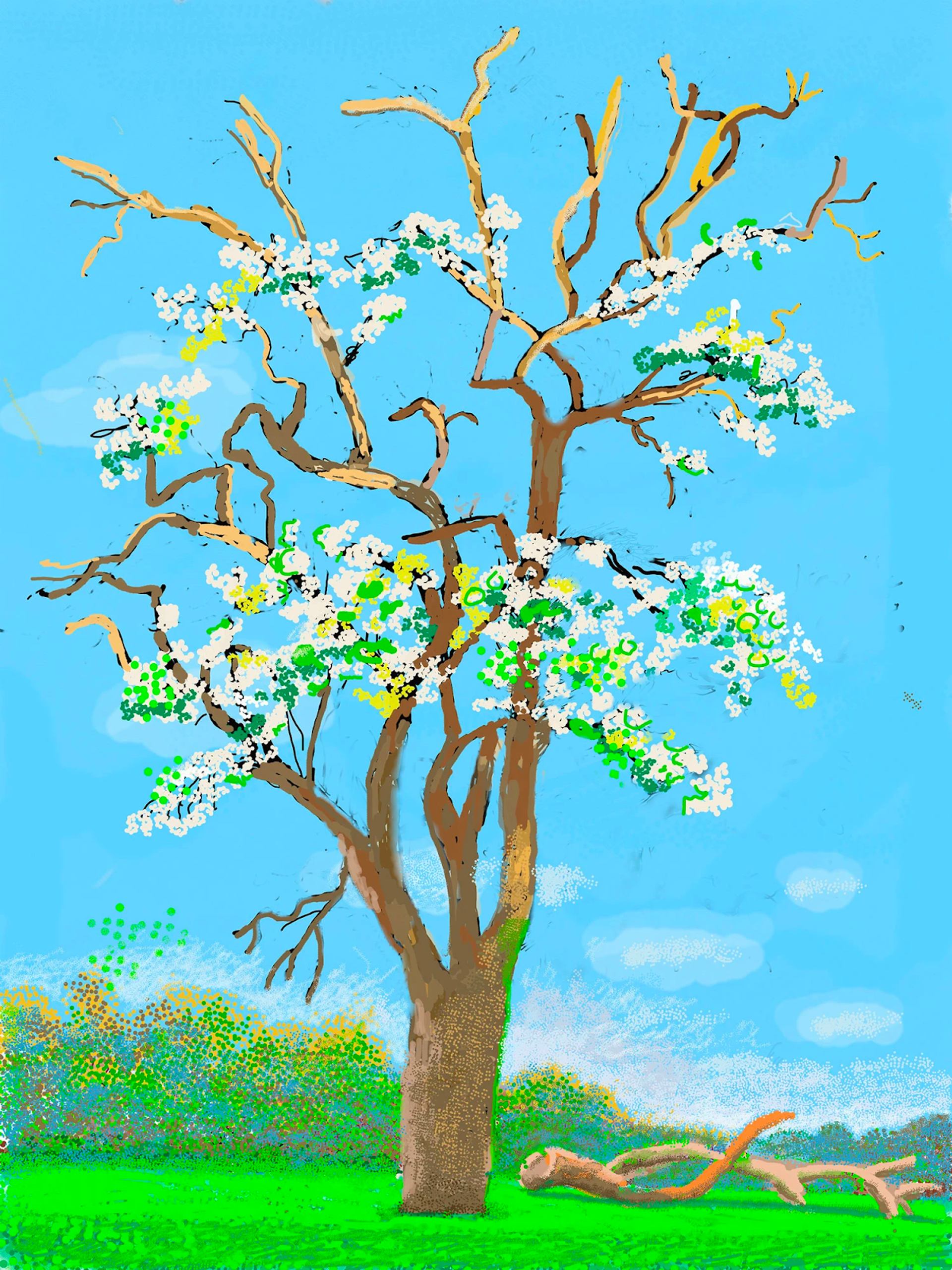 A digital drawing of a tree with white, green and yellow blossoms and many of its branches exposed. One fallen branch lies on the floor next to it.