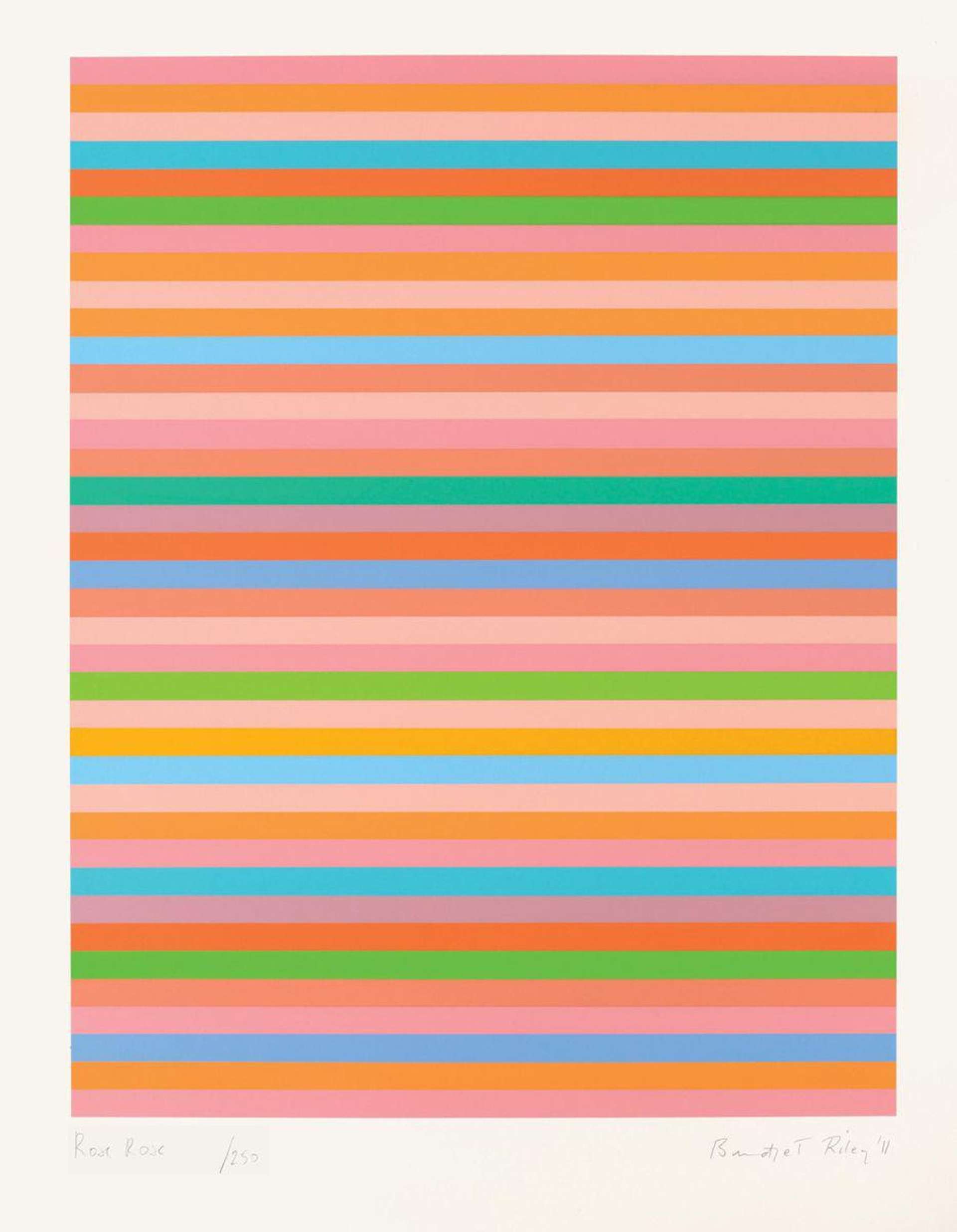 Bridget Riley’s Rose Rose. Multicoloured horizontal stripes stacked on top of one another forming the shape of a square. 
