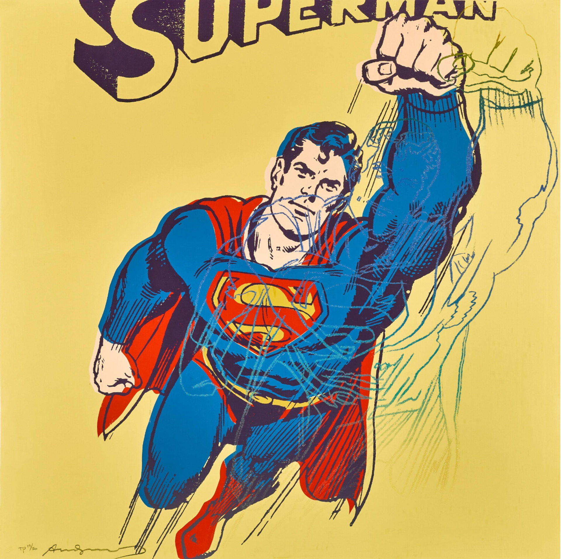 A screenprint by Andy Warhol depicting Superman reaching out to the viewer. The figure's arm extends to the top right of the composition towards the name “SUPERMAN”, which is cut off at the top of the work, set against a yellow background.