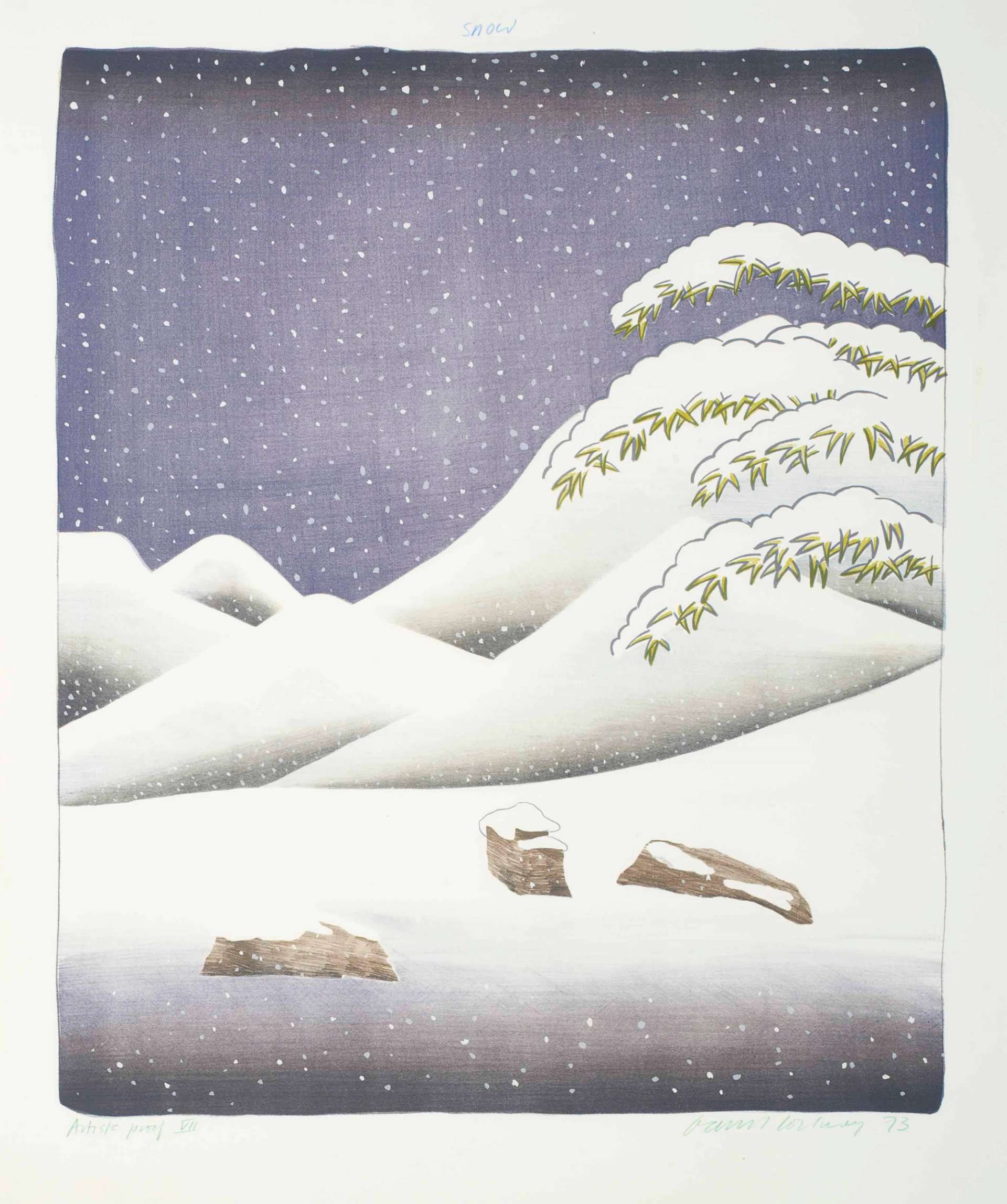 David Hockney's Snow. A landscape setting of snow in the style of Ukiyo-e. 
