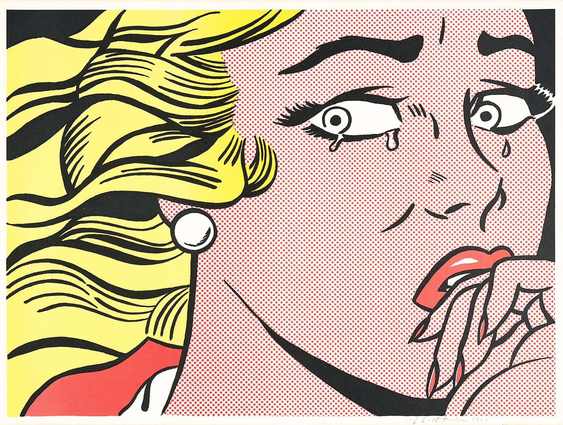 An image of a print by Roy Lichtenstein, showing a blonde woman with red lipstick and a pearl earring. Tears fall from her eyes.