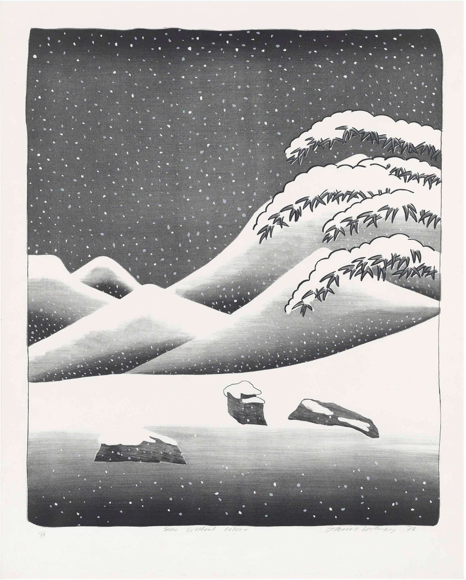 A planographic print in monochrome depicting a snowy scene.