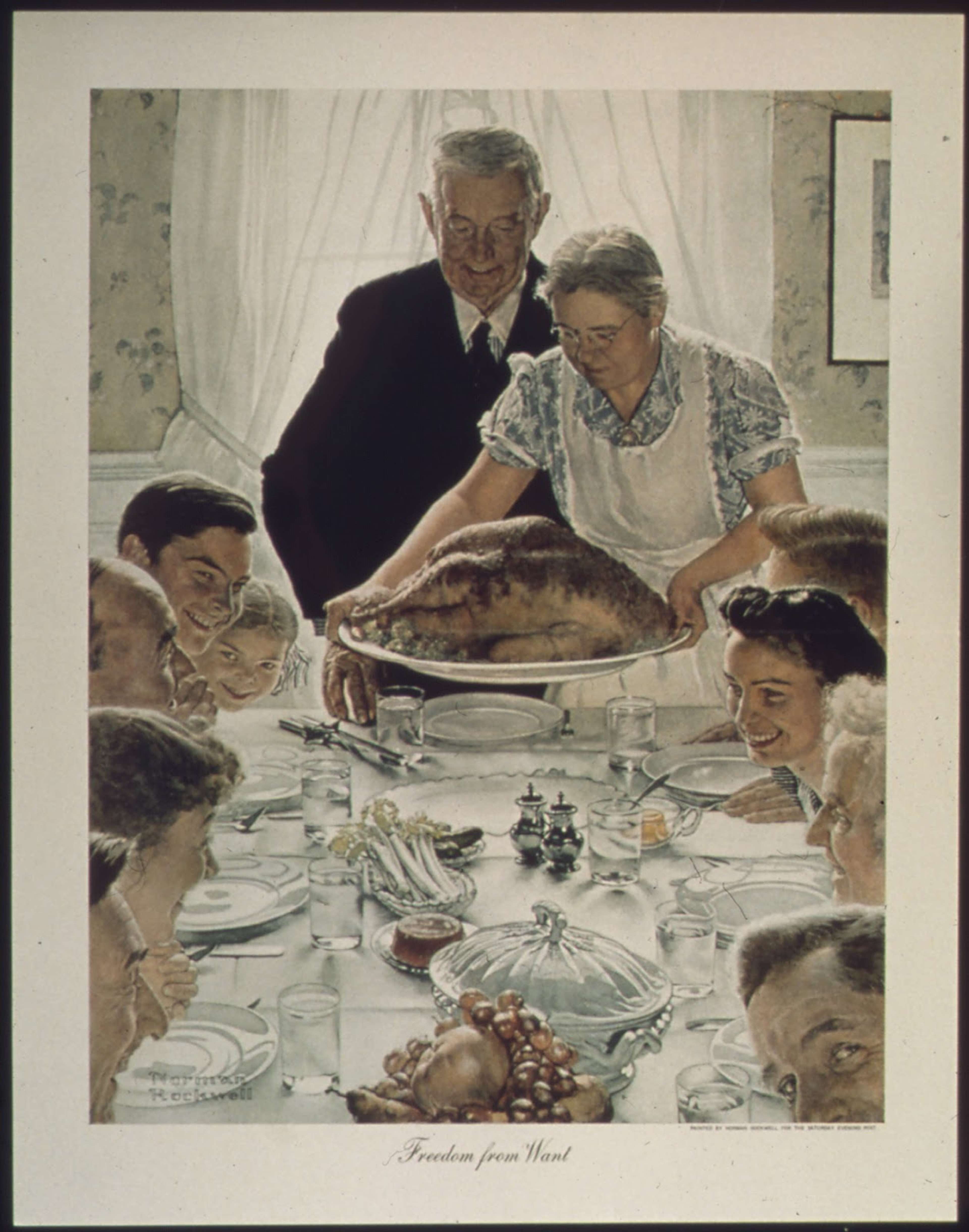 A painting titled "Freedom From Want" by Norman Rockwell depicting a family gathered around a Thanksgiving table, with a large turkey and other traditional dishes.