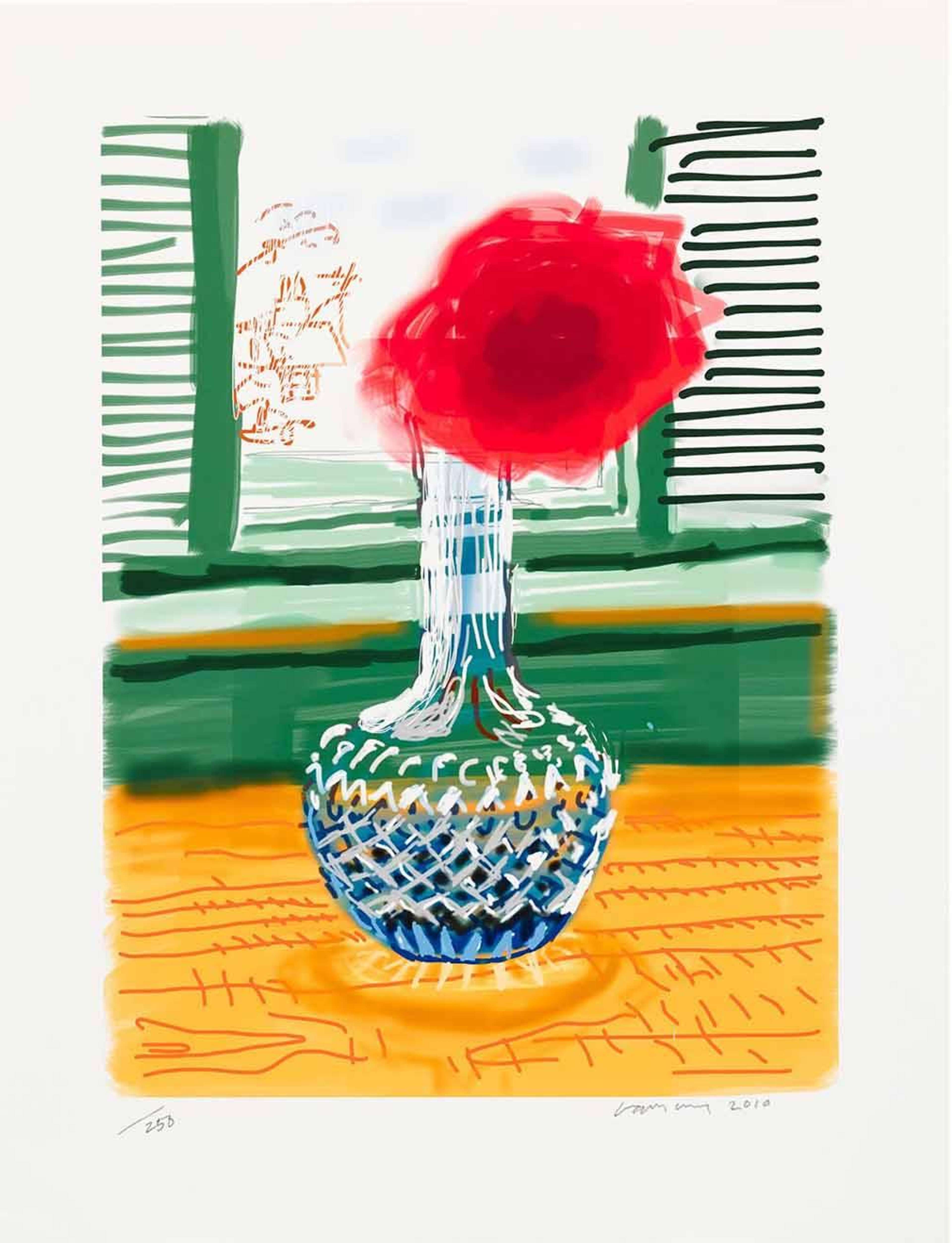 David Hockney’s Untitled No. 281. A digital print of a single red flower in a glass vase in front of an open window with green shutters.