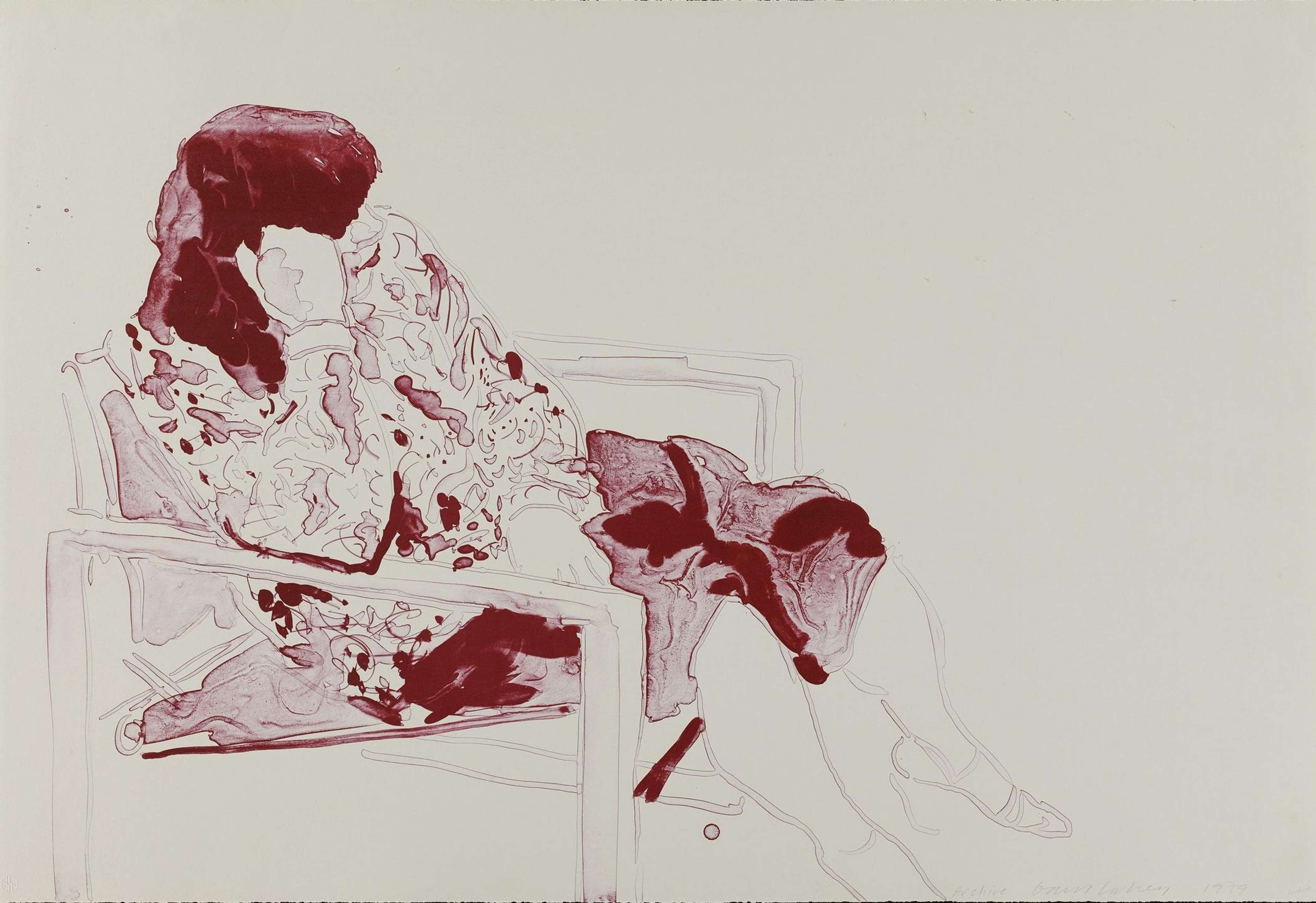 David Hockney’s Ann Seated In Director's Chair. A lithographic print of a woman seated in a chair, coloured with burgundy red ink. 