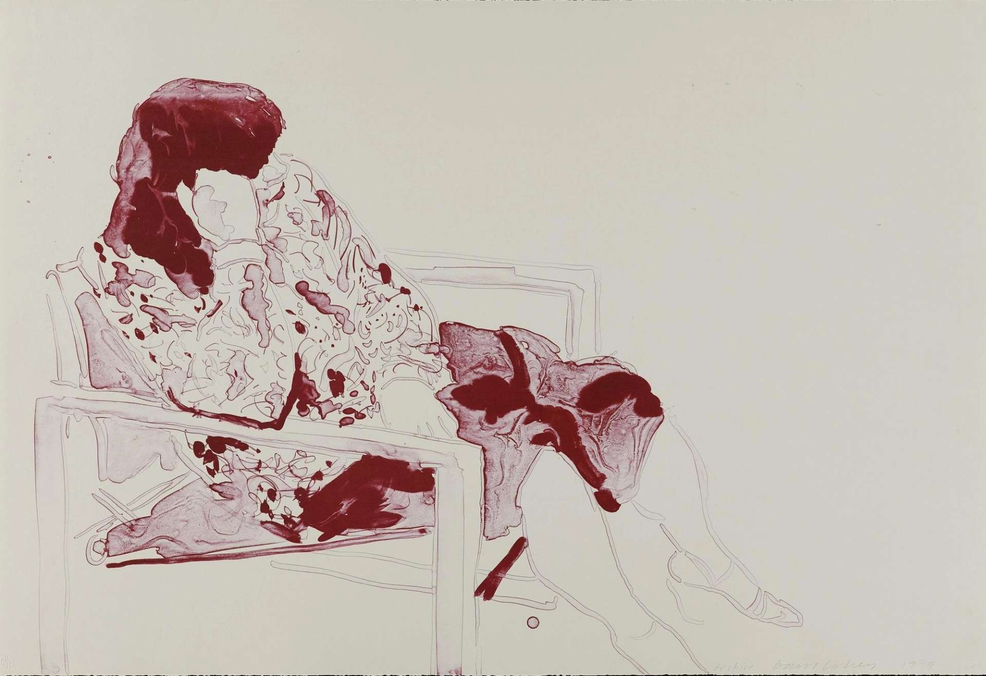 David Hockney’s Ann Seated In Director's Chair. A lithographic print of a woman seated in a chair, coloured with burgundy red ink. 