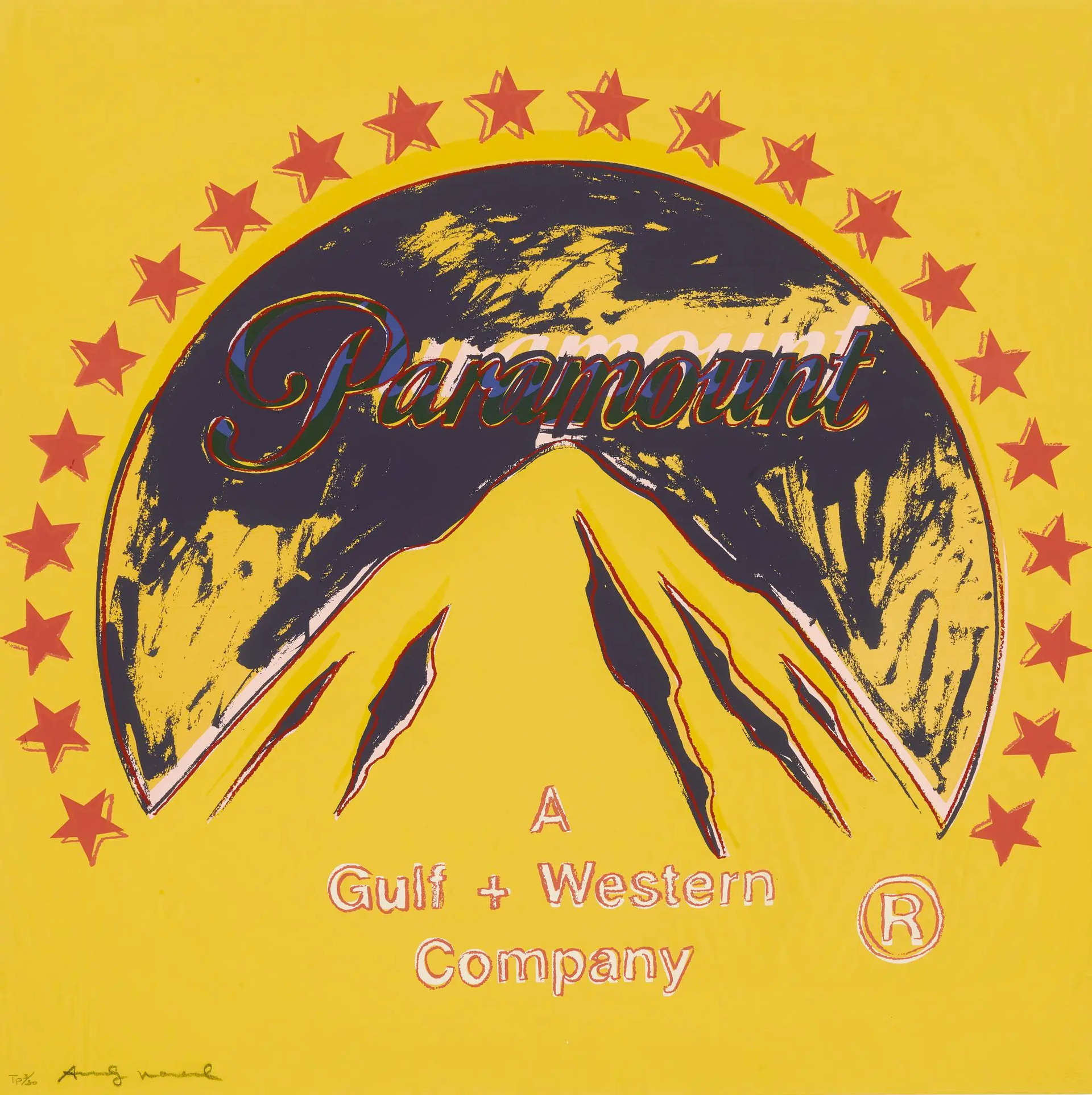 An image of a print by Andy Warhol, depicting the well-known film studio Paramount's logo against a yellow background.