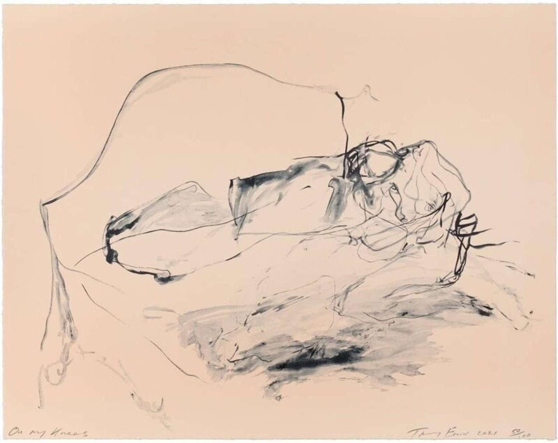 A lithograph by Tracey Emin fluidly depicting a figure in a bed