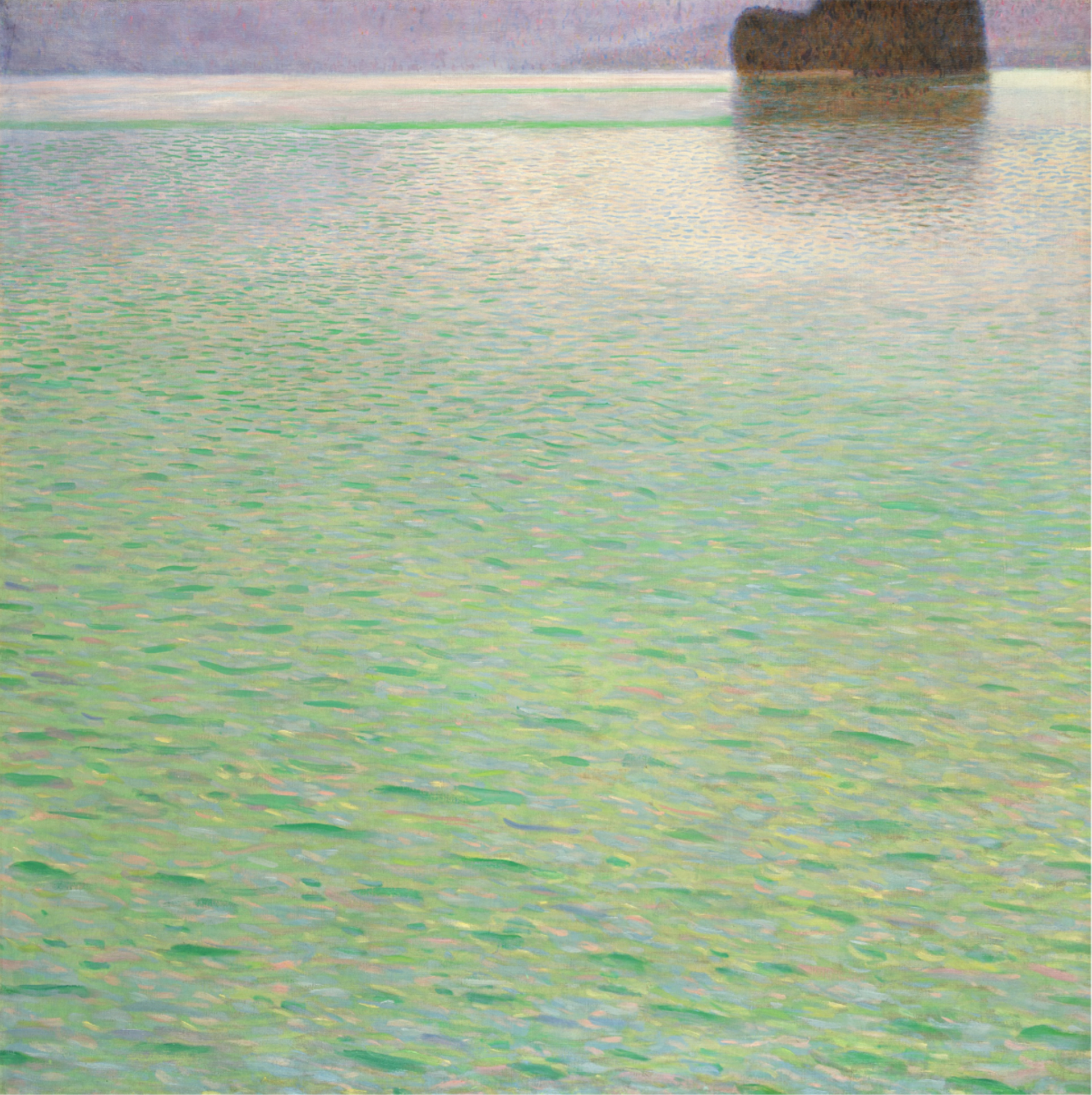 Large-scale painting by Gustav Klimt of a serene turquoise sea, capturing the natural ripples and movement of the water. Hazy sky separates the distant horizon, while a prominent cropped brown boulder protrudes in the upper far right of the work.