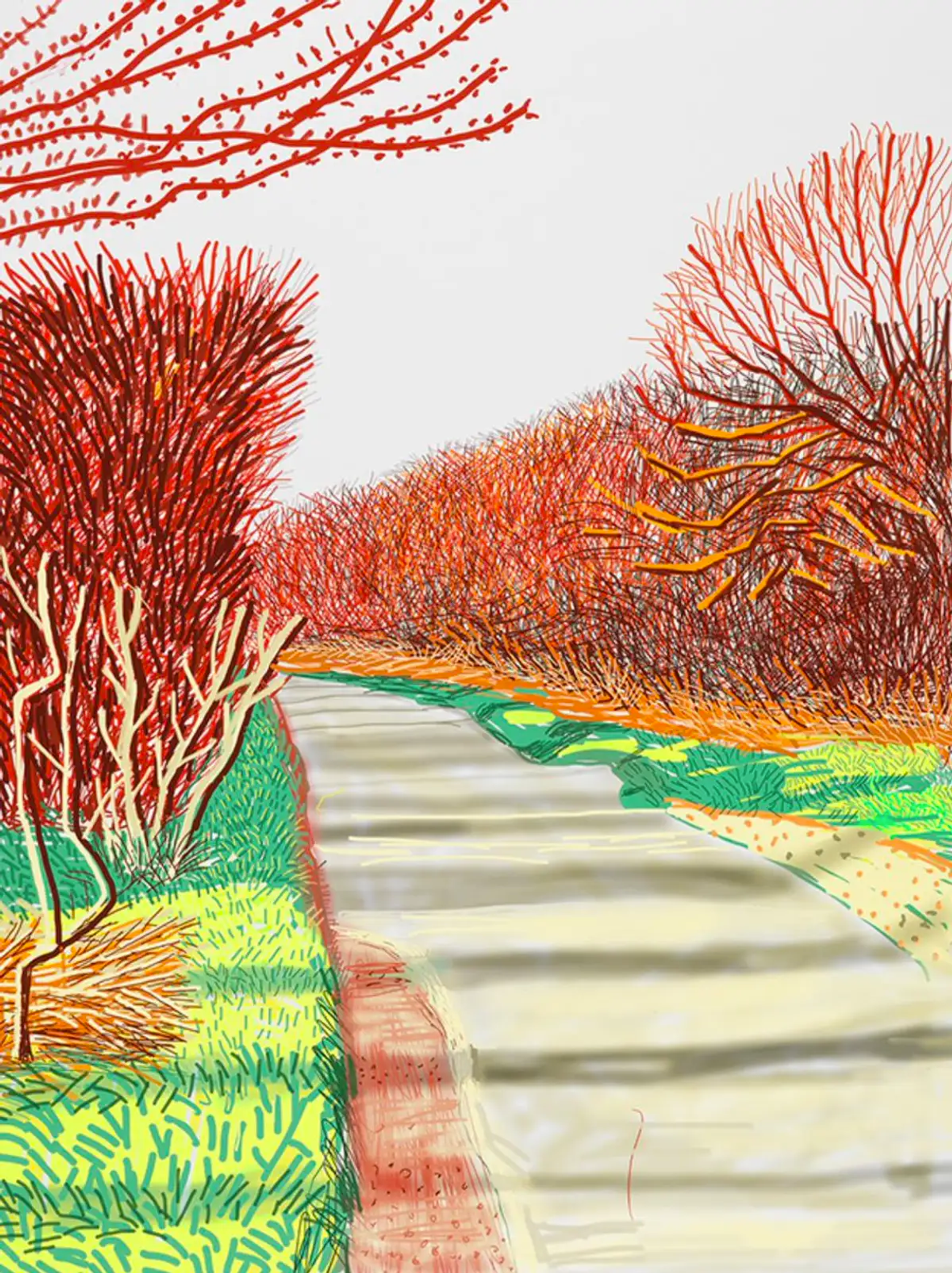 A digital drawing by David Hockney, showing a leafless wooded path in tones of orange.