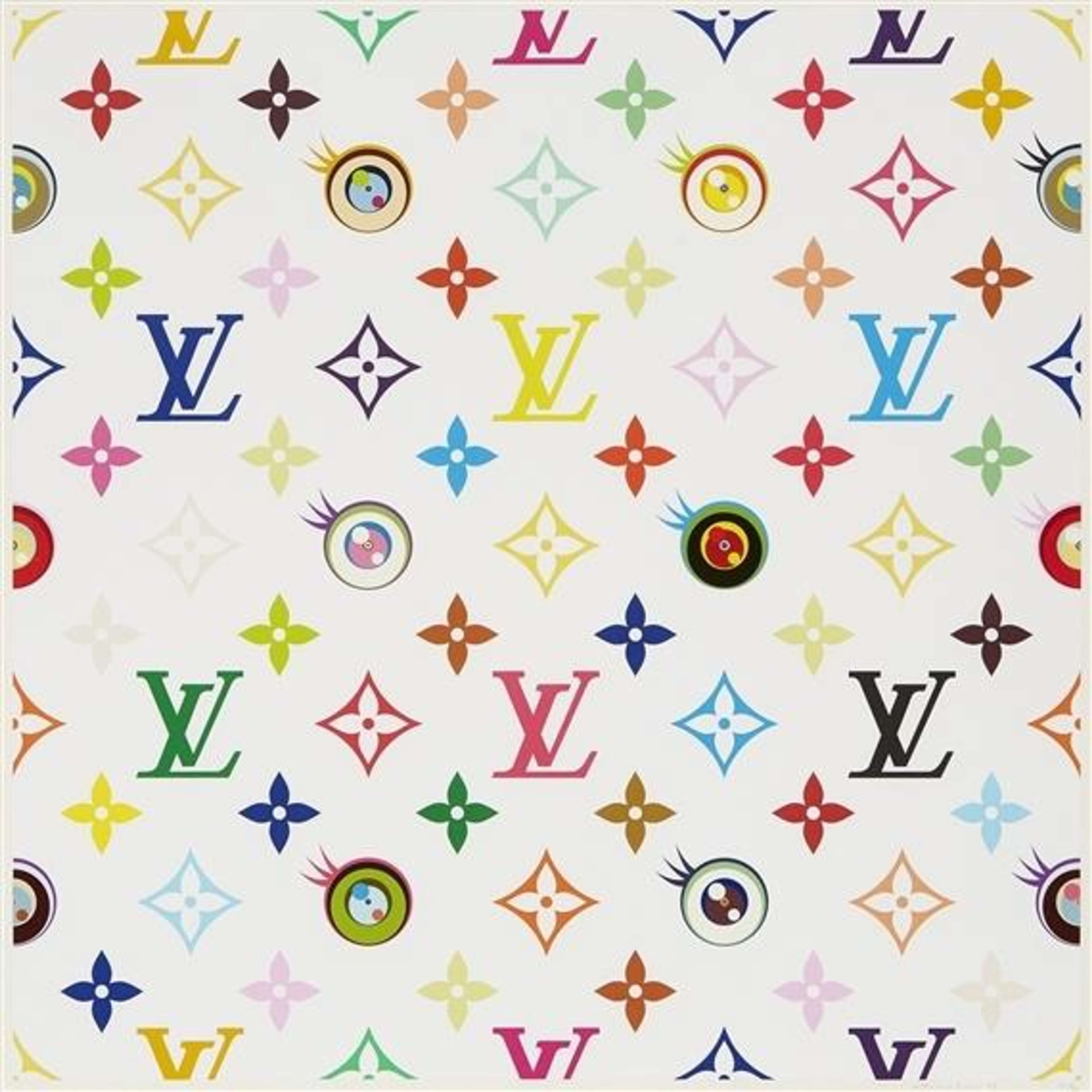 Takashi Murakami’s Louis Vuitton Eye Love Superflat. A screenprint of a multicoloured Louis Vuitton monogram logo with animated eyes against a white background.