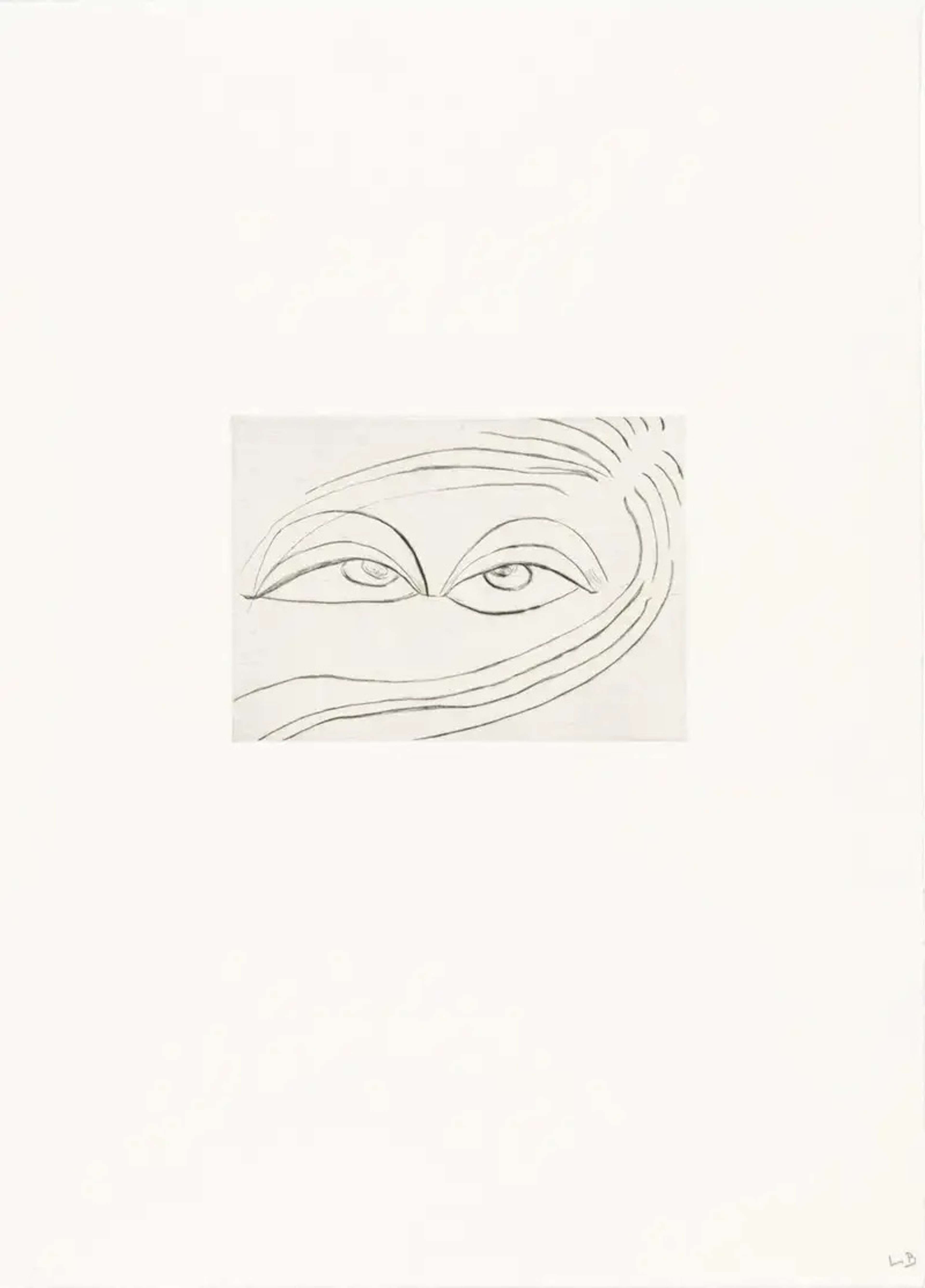 Louise Bourgeois Untitled No. 2. A monochromatic etching of an anatomical depiction of two eyes and strands of hair swooped in front of it. 