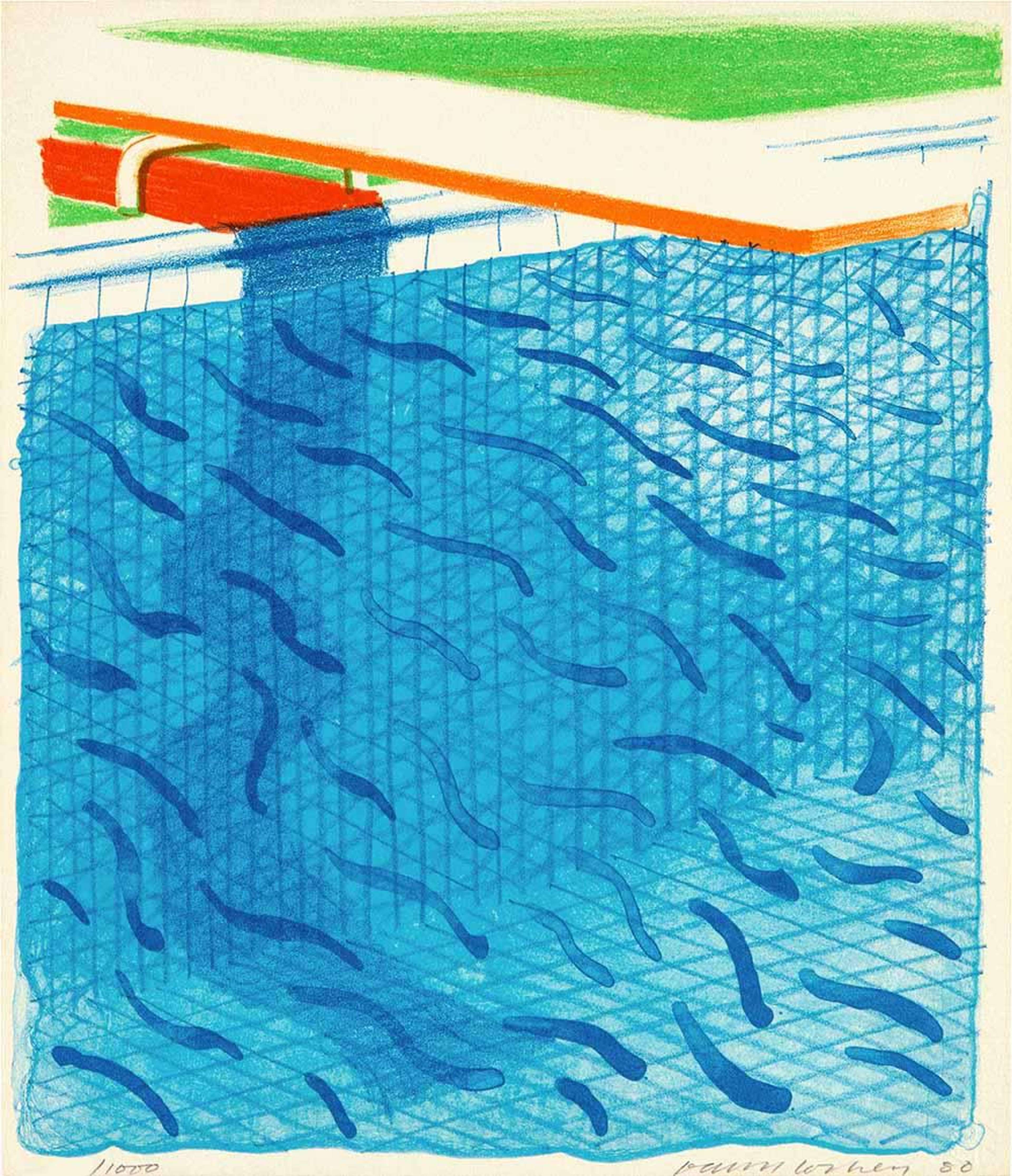 Une lithographie de David Hockney, intitulée « Pool Made With Paper And Blue Ink For Book », représentant une piscine rectangulaire rendue par des vagues calligraphiques bleues et fluides, bordée d'un cadre blanc net. L'œuvre présente une composition géométrique épurée et une palette restreinte de bleus foncés et clairs sur un papier blanc cassé chaleureux. Exécutée en lithographie, elle utilise le motif emblématique de la piscine de Hockney et est signée à la main au crayon.