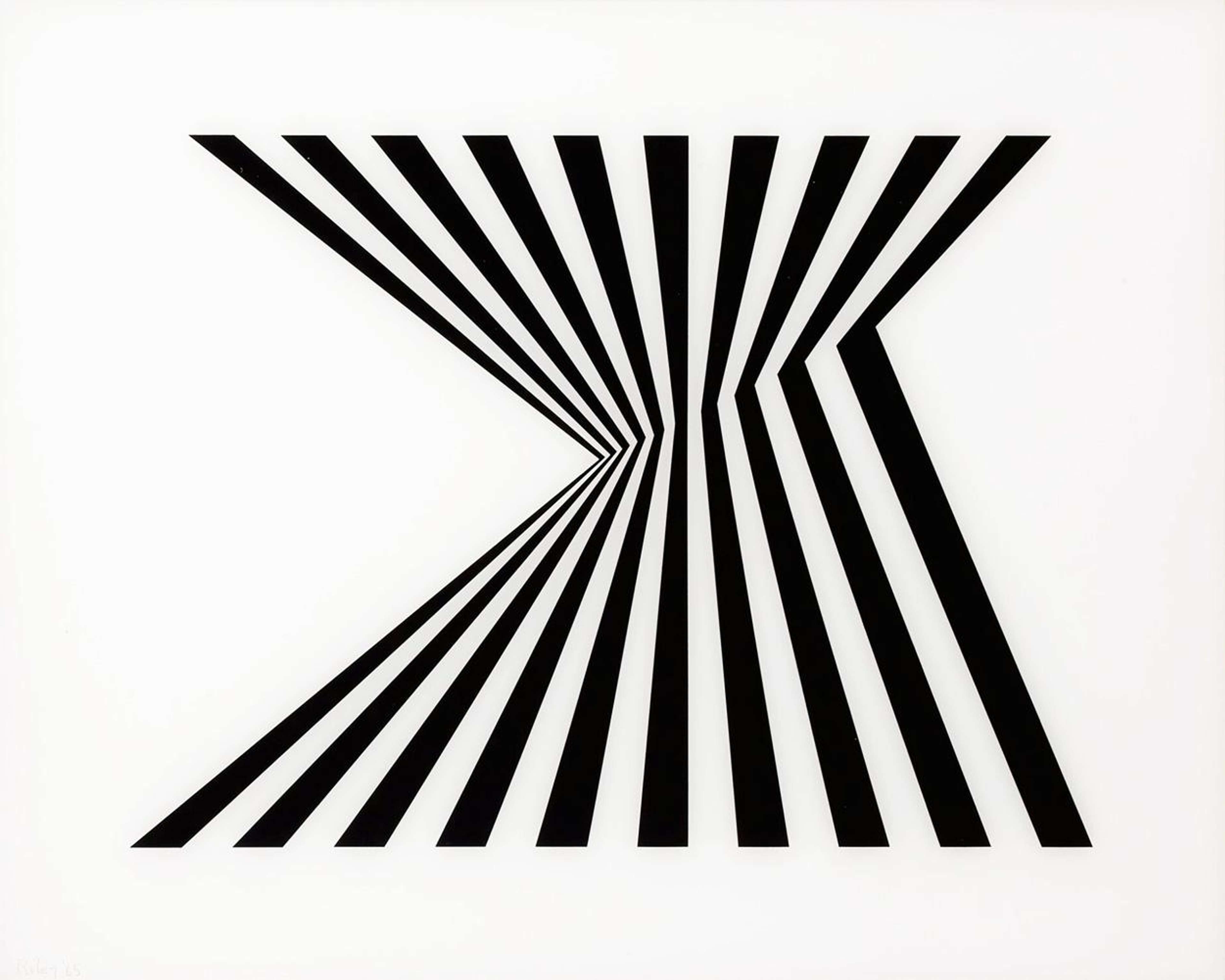 Estampe en noir et blanc composée de lignes horizontales incurvées selon des angles alternés sur toute la surface de l'image