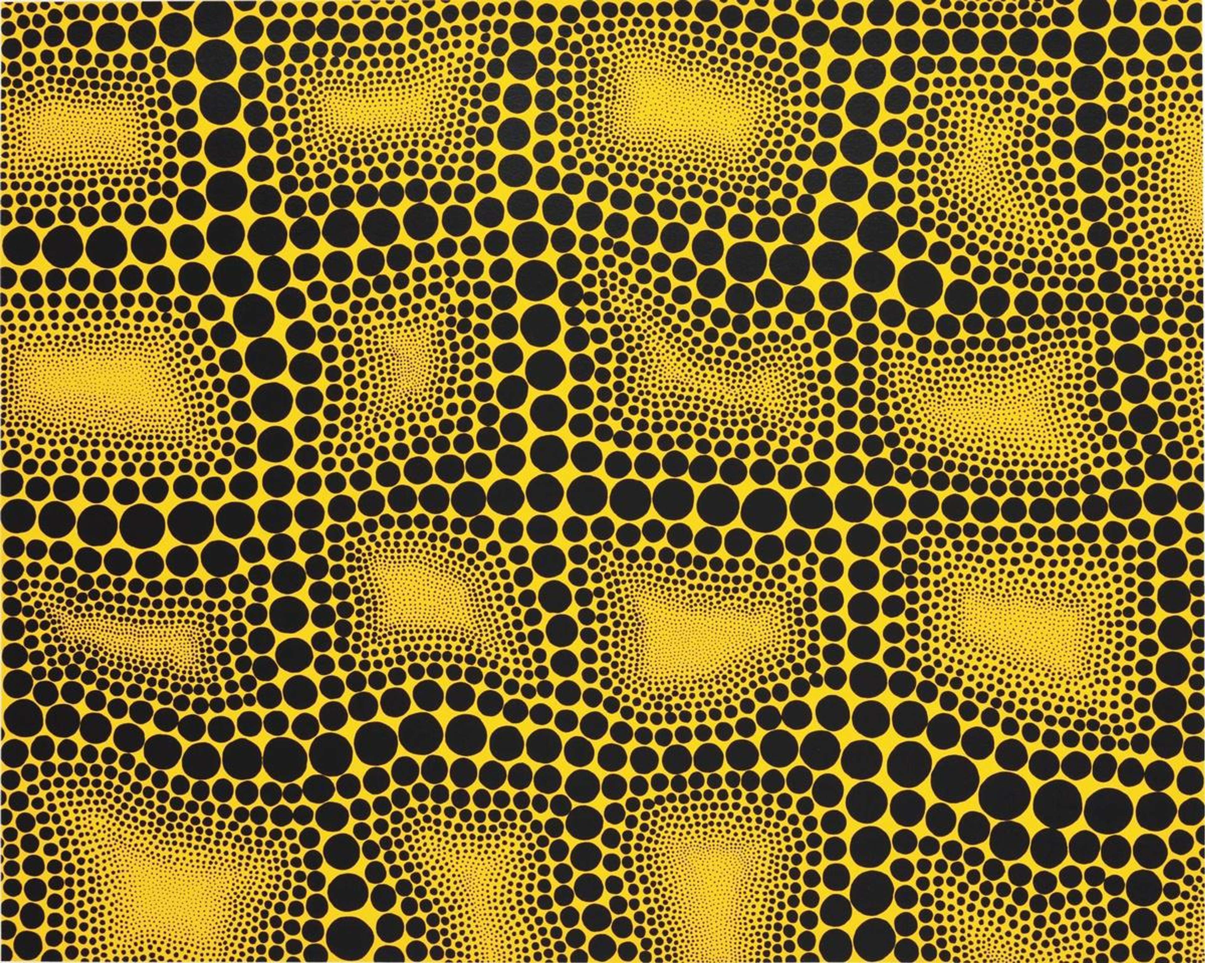 De nombreux pois noirs disposés en motifs de grille lâches sur un fond jaune.