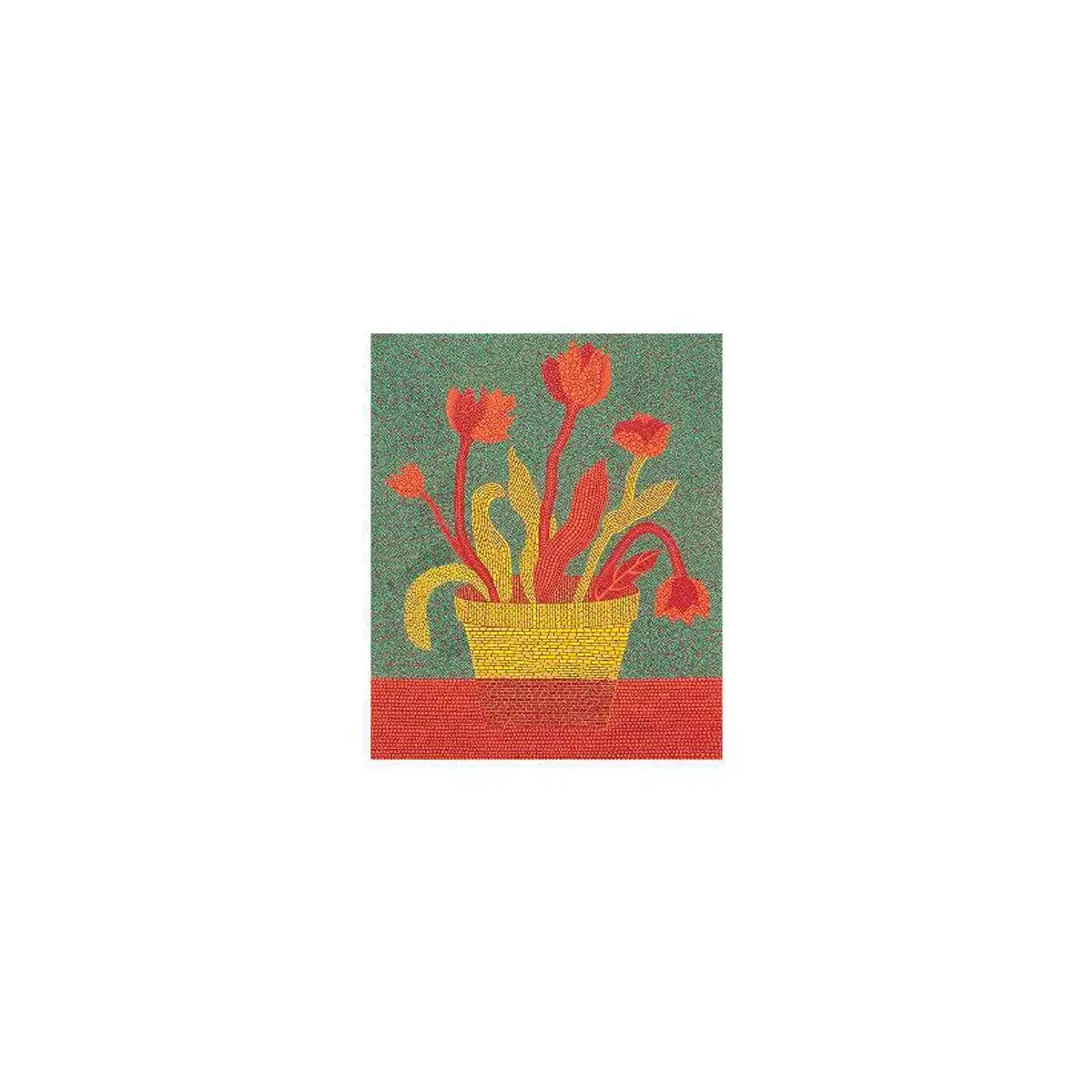 Yayoi Kusama’s Flowers B. A screenprint of red flowers in a yellow pot each designed with polka dots against a green and red geometric background. 