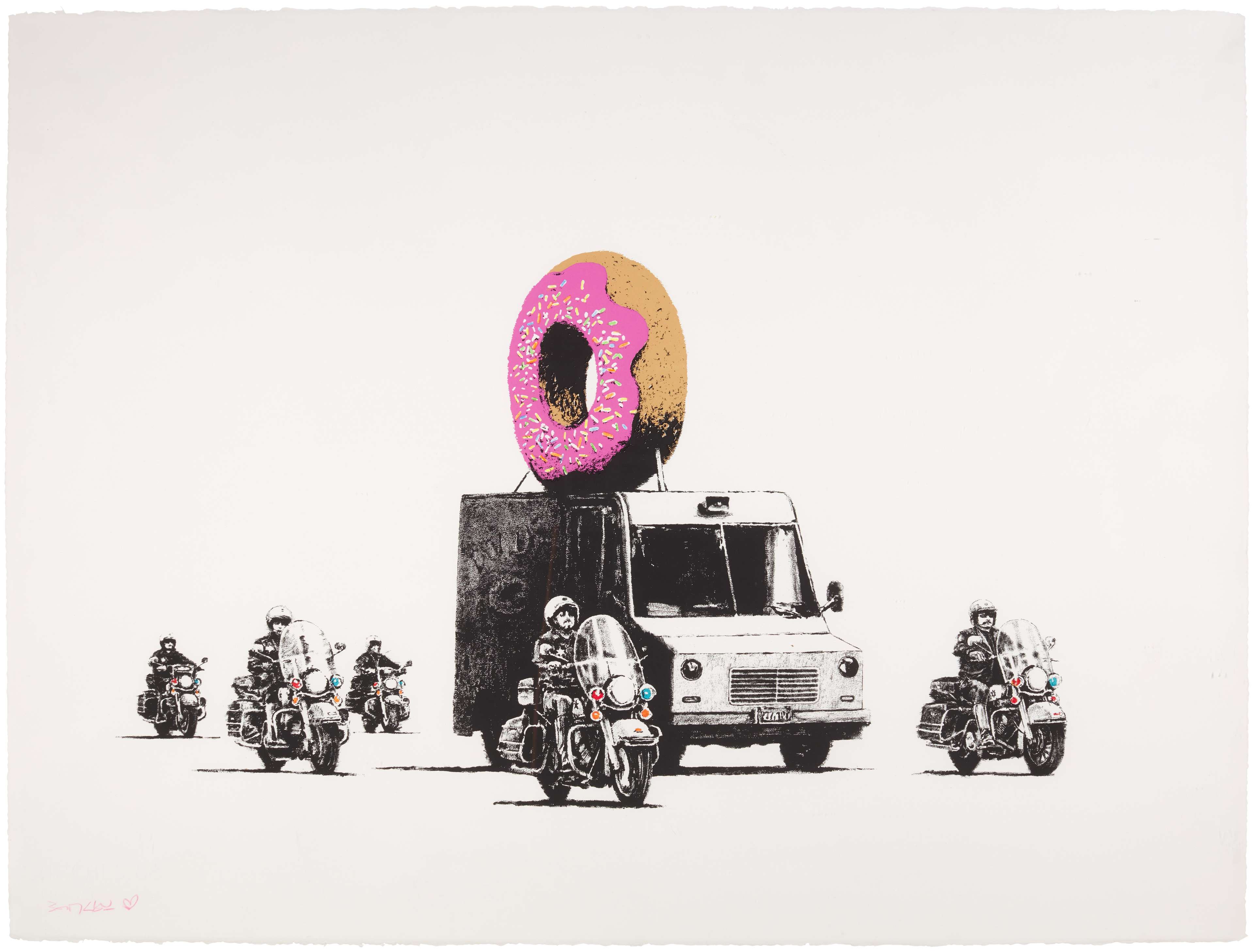 Donuts, Strawberry de Banksy. Un beignet à la fraise posé sur un camion escorté par la police à moto.
