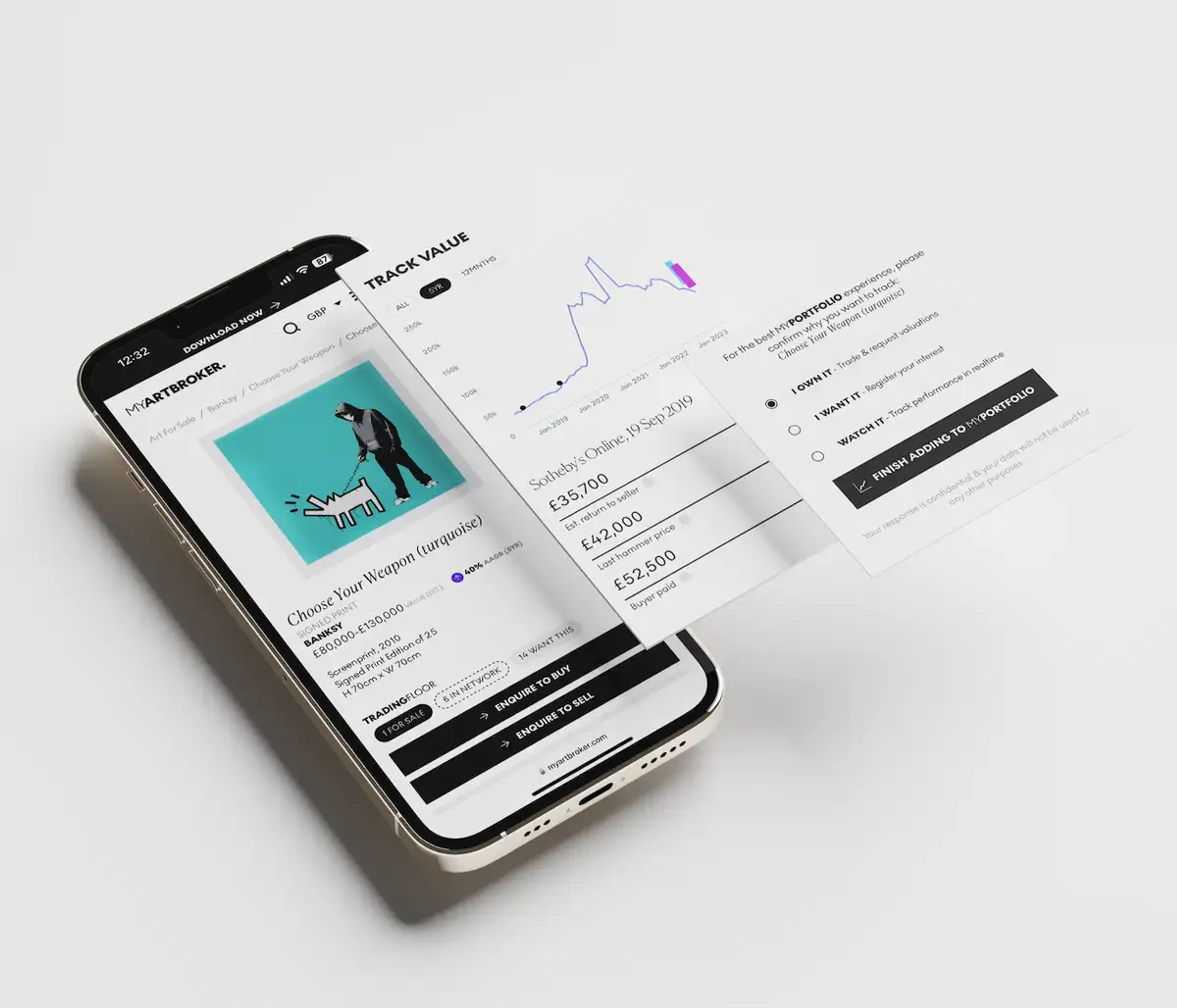 Smartphone affichant les données du marché MyPortfolio de MyArtBroker.