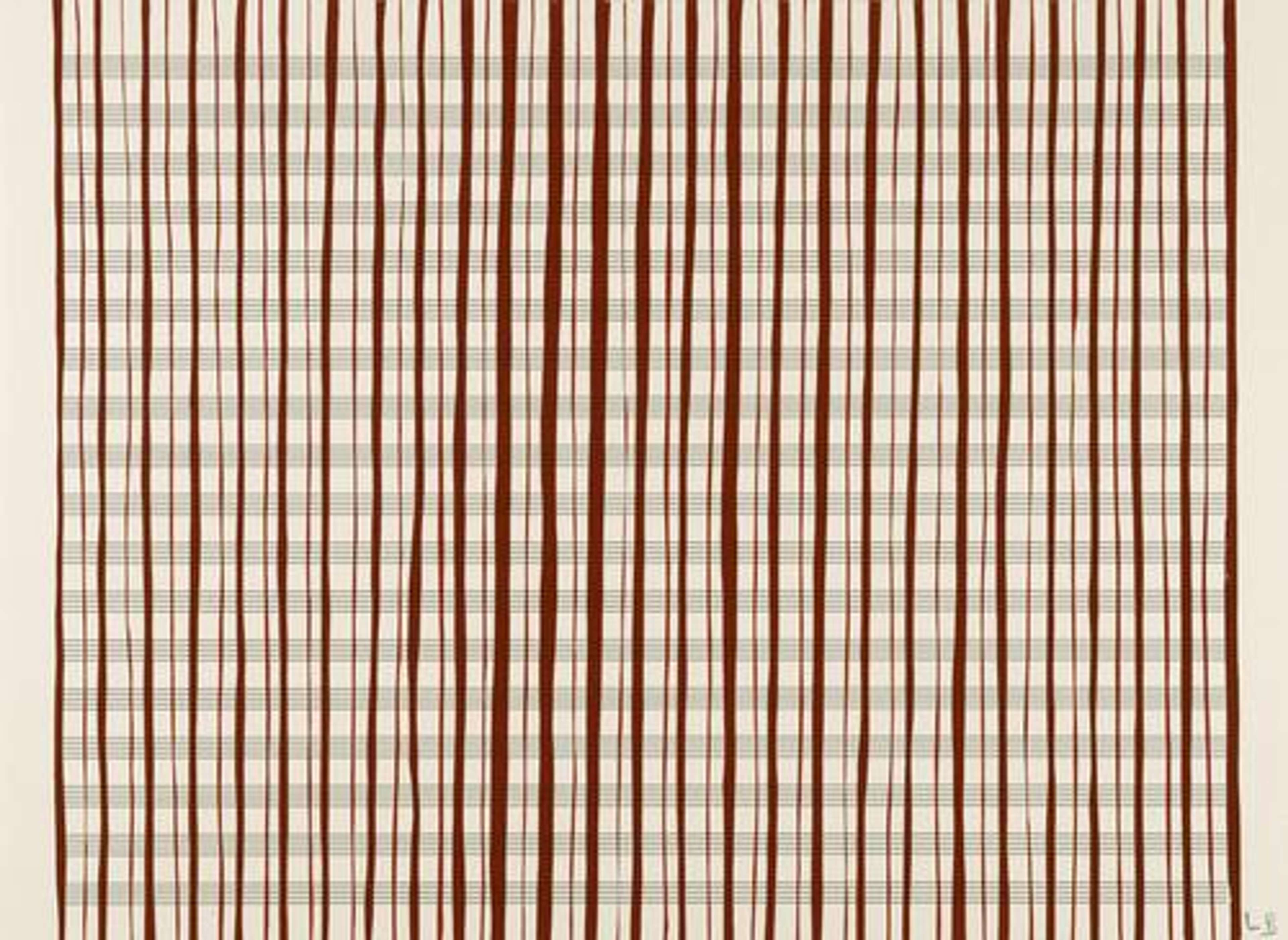 Louise Bourgeois’ Untitled #3. A screenprint of red vertical lines against a sheet of horizontal lines.