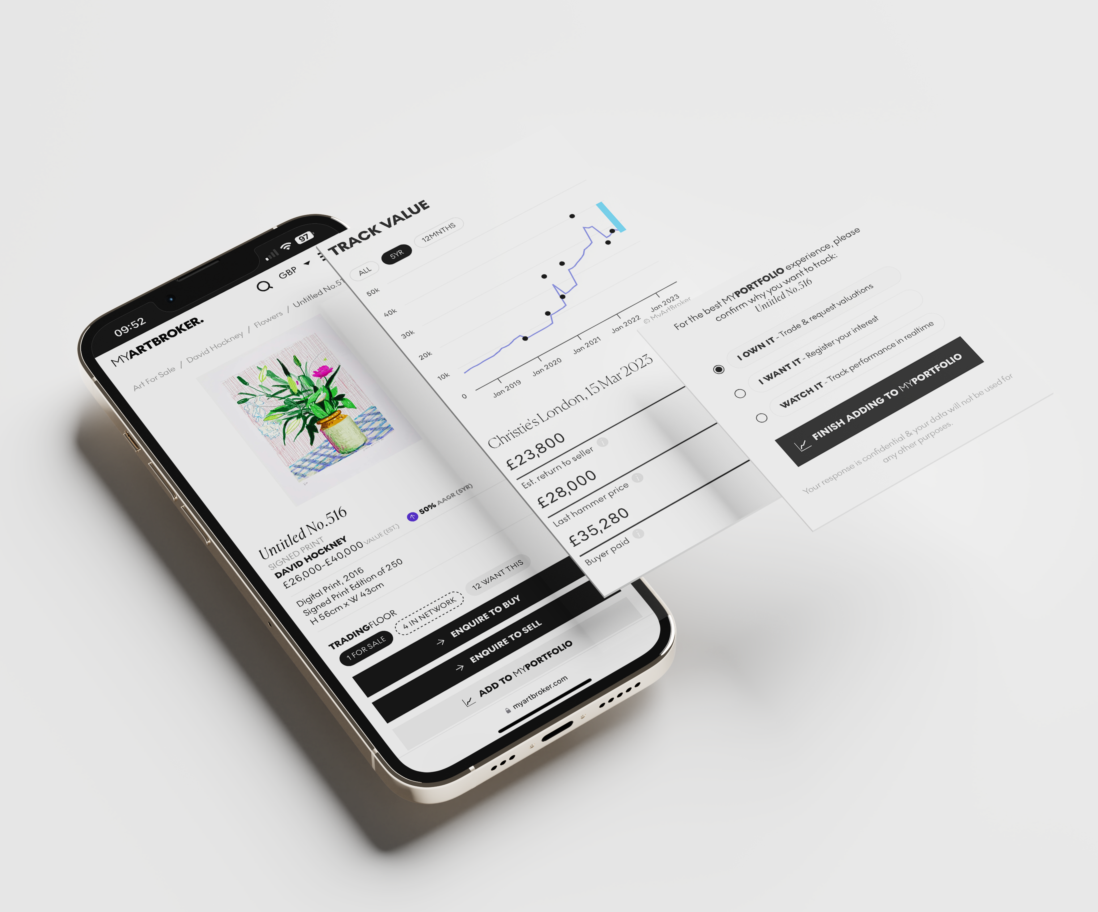 Image graphique de l'écran d'un téléphone affichant la navigation de MyPortfolio par MyArtBroker
