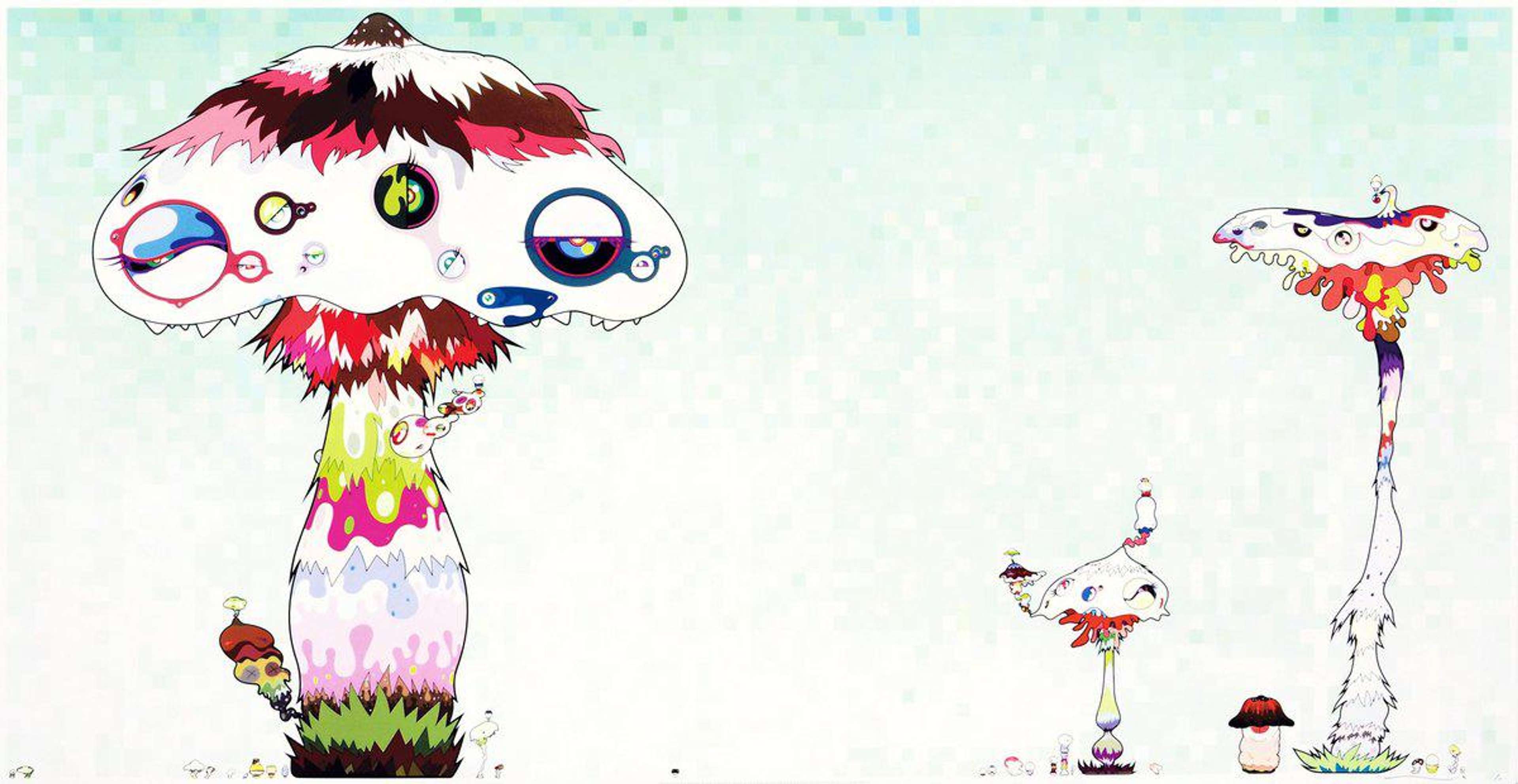 Représentation façon dessin animé de trois champignons psychédéliques dans le style du Pop Art japonais