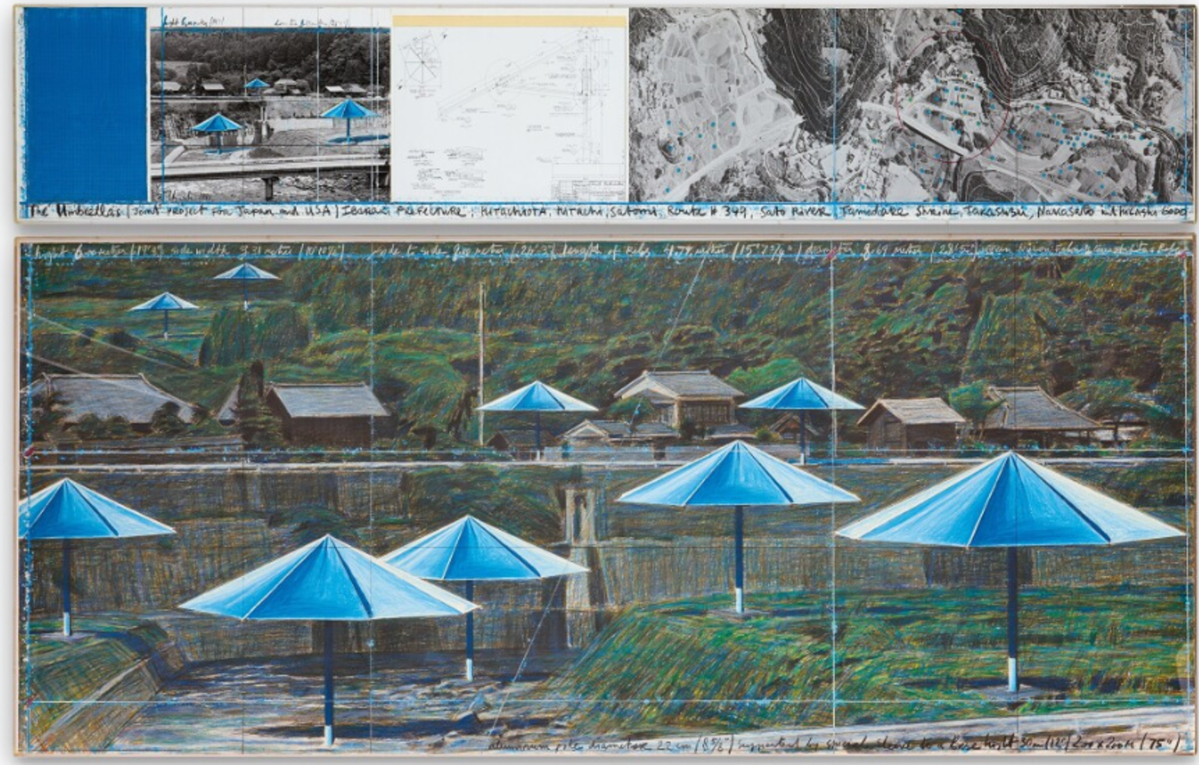 A two-panel artwork showing plans for the blue umbrella installation in Japan. The top panel contains reference photos, technical drawings, and a topographical map with placement markers. The bottom panel shows an artistic rendering of large blue umbrellas installed among traditional Japanese houses on a riverside. Handwritten measurements and notes frame the artwork.