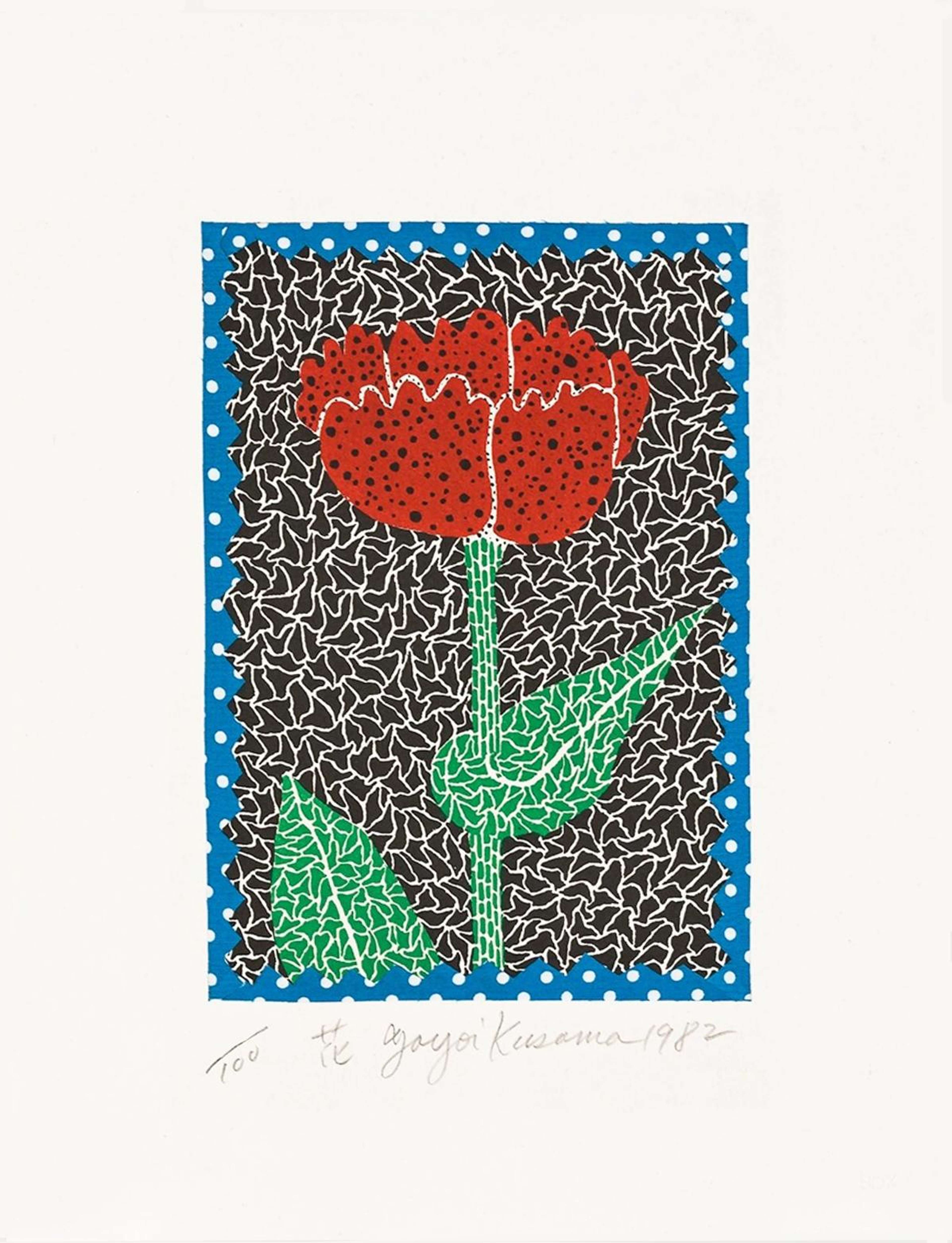 Une estampe représentant une rose rouge, rendue façon mosaïque par Yayoi Kusama, sur fond noir avec une bordure bleue.