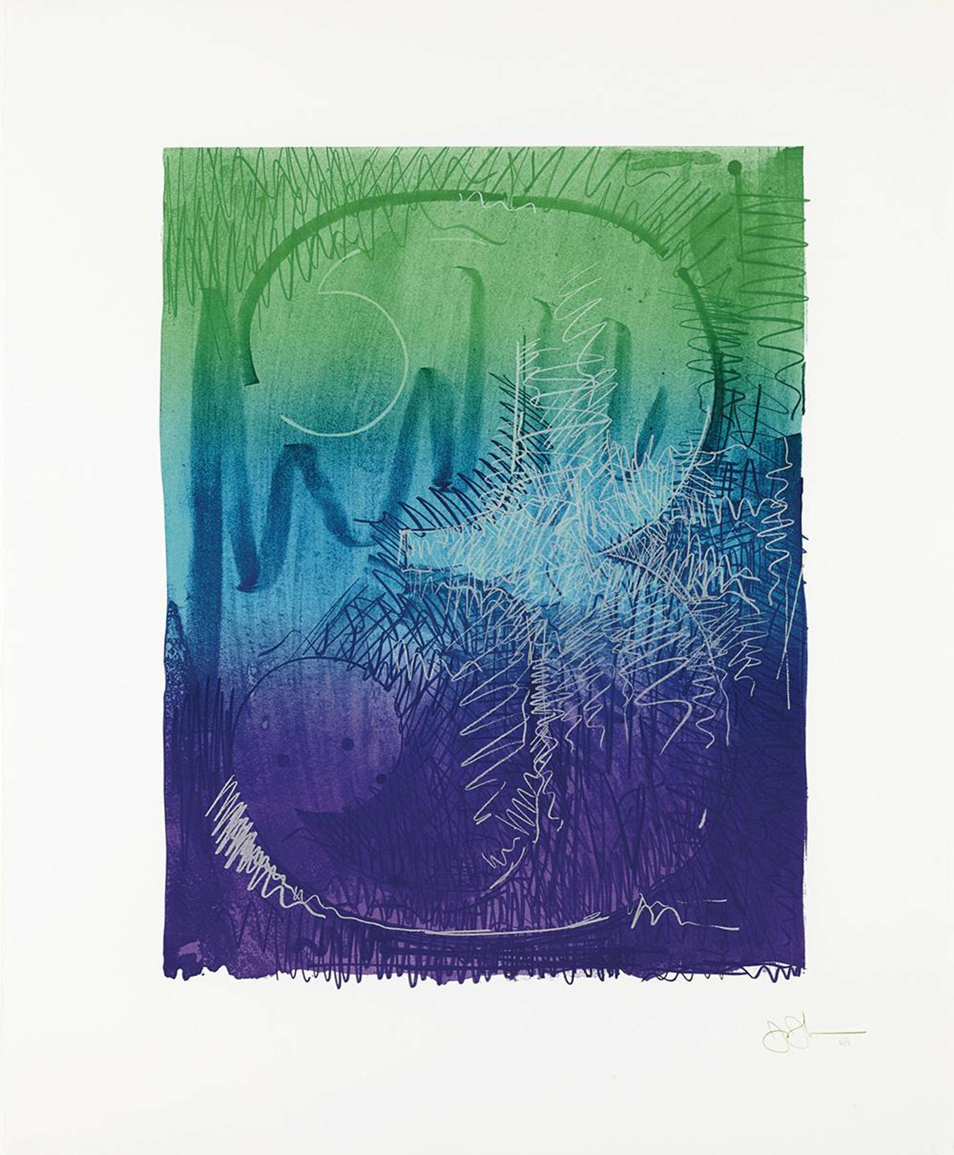 The number three washed in different shades of blue and green