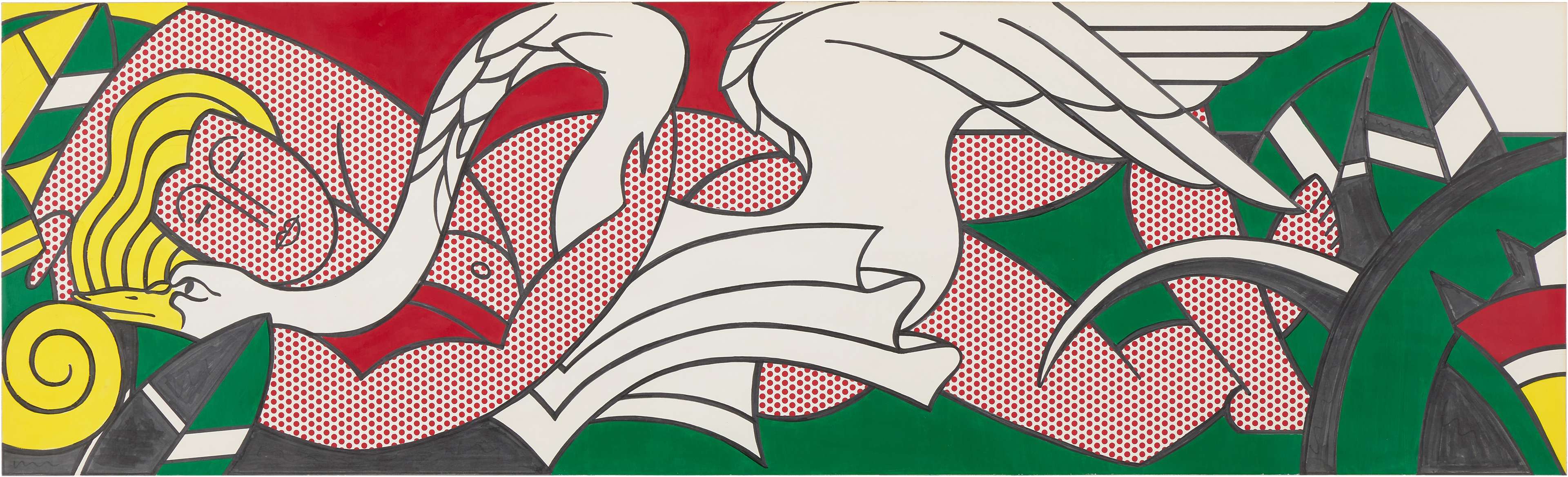 Œuvre de Roy Lichtenstein en acrylique, huile, feutre et matière graphique sur papier, représentant une réinterprétation dans le style Pop Art de l'image classique de Leda et le Cygne. Leda est délimitée par les points classiques de Lichtenstein, les « Bed Day Dots », tandis que toute la composition est exécutée en aplats de couleurs franches.