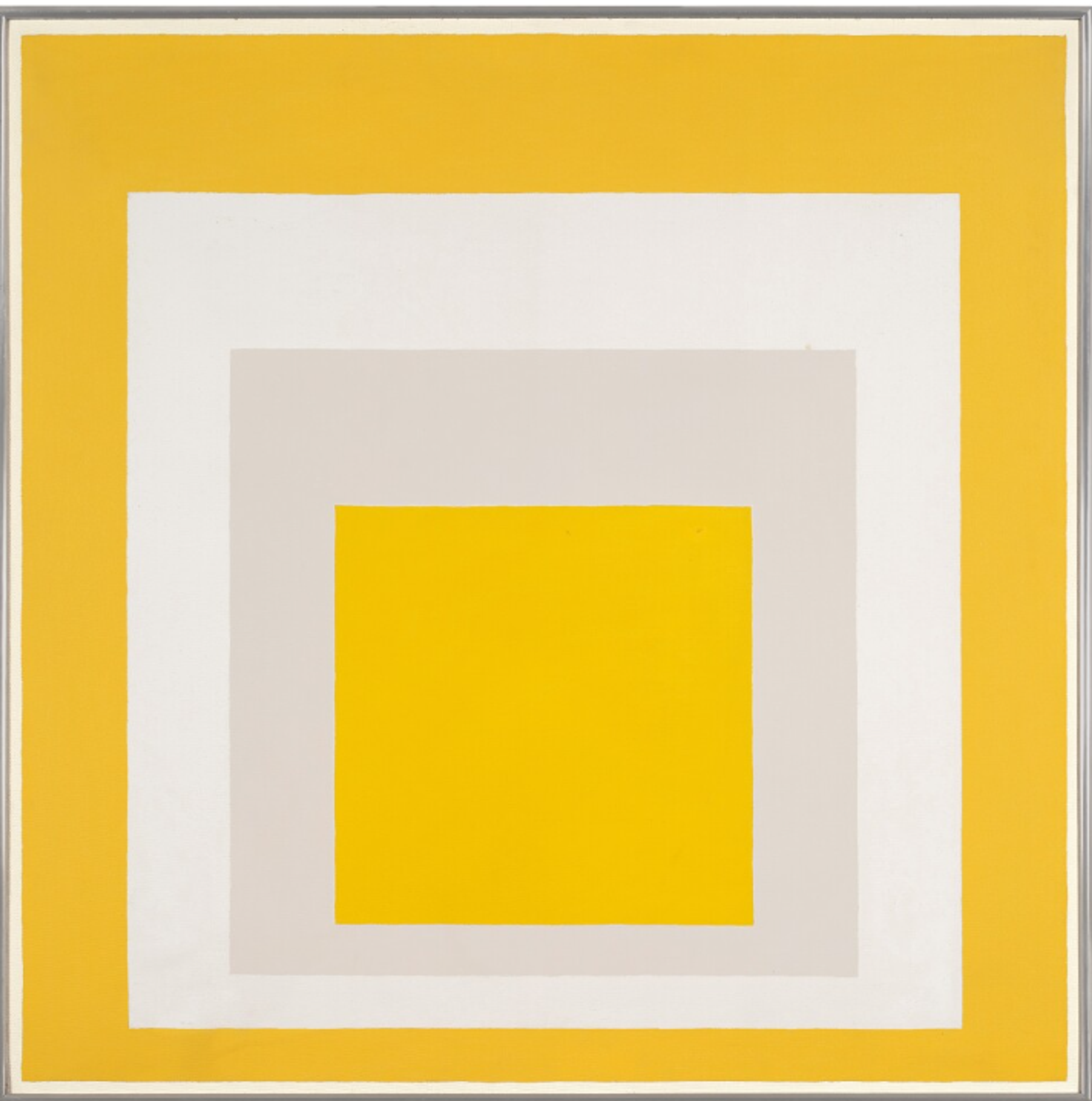 Four nested squares, getting smaller as they stack and moving slightly towards the bottom. The largest is a muted dark yellow, then bright white, then light creamy grey, and the smallest is a bright yellow.