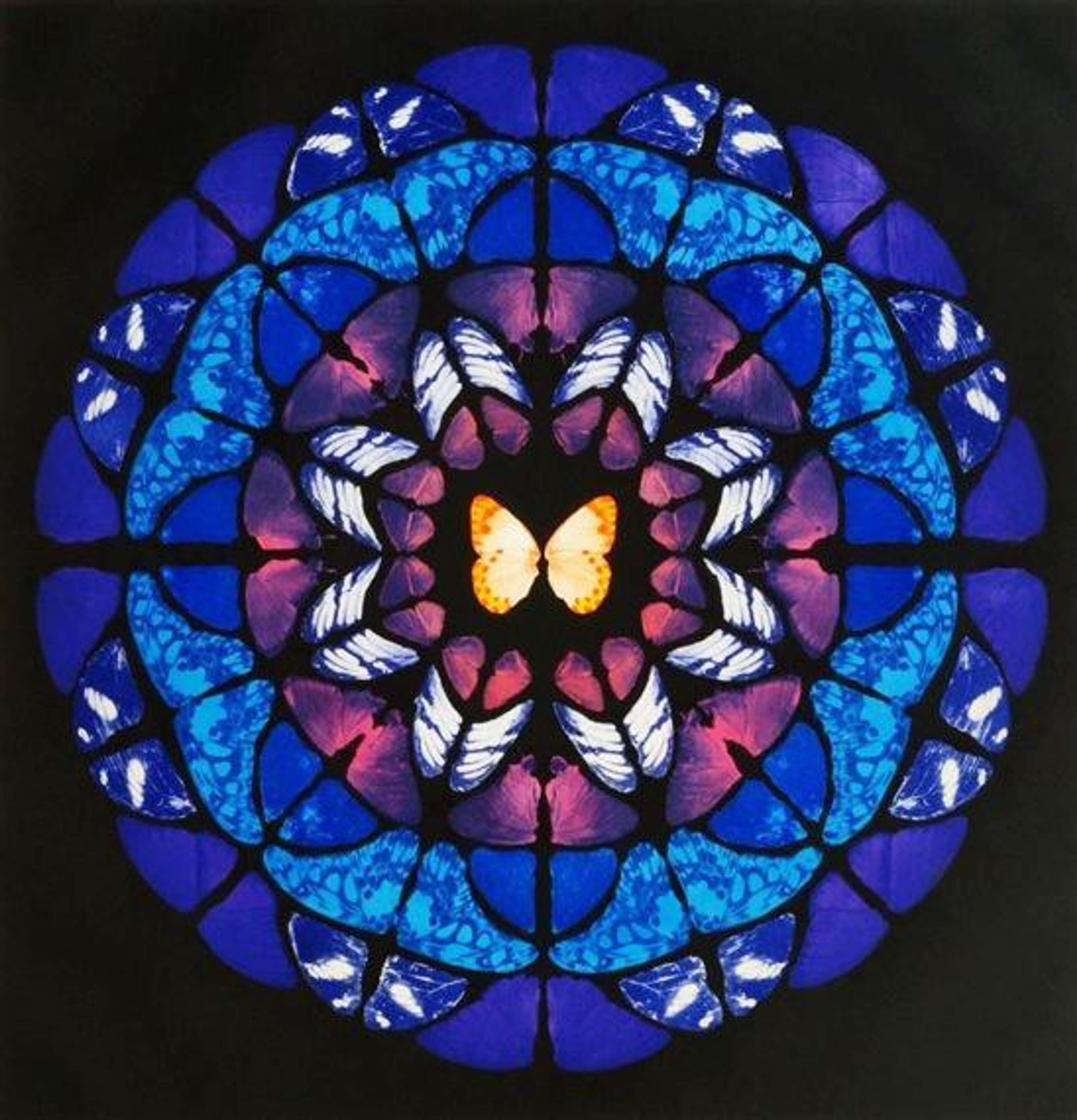 Une image de l'estampe « Dome » de Damien Hirst, représentant une série de papillons disposés en motif de mandala. La palette de couleurs est principalement composée de tons froids.