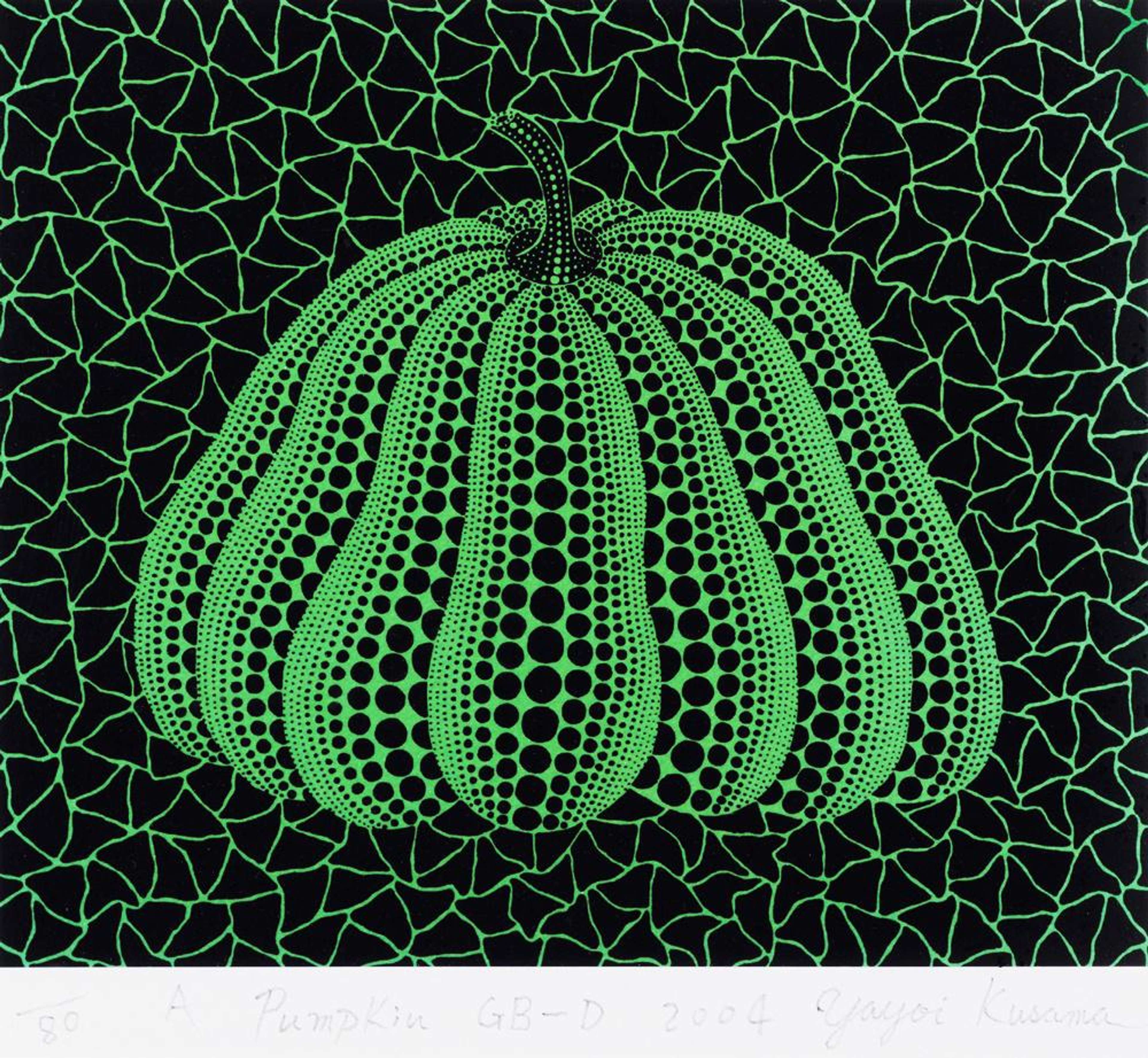Une sérigraphie représentant une citrouille verte à pois noirs (Polka Dots), sur un fond à motif géométrique de triangles verts sur un fond noir.