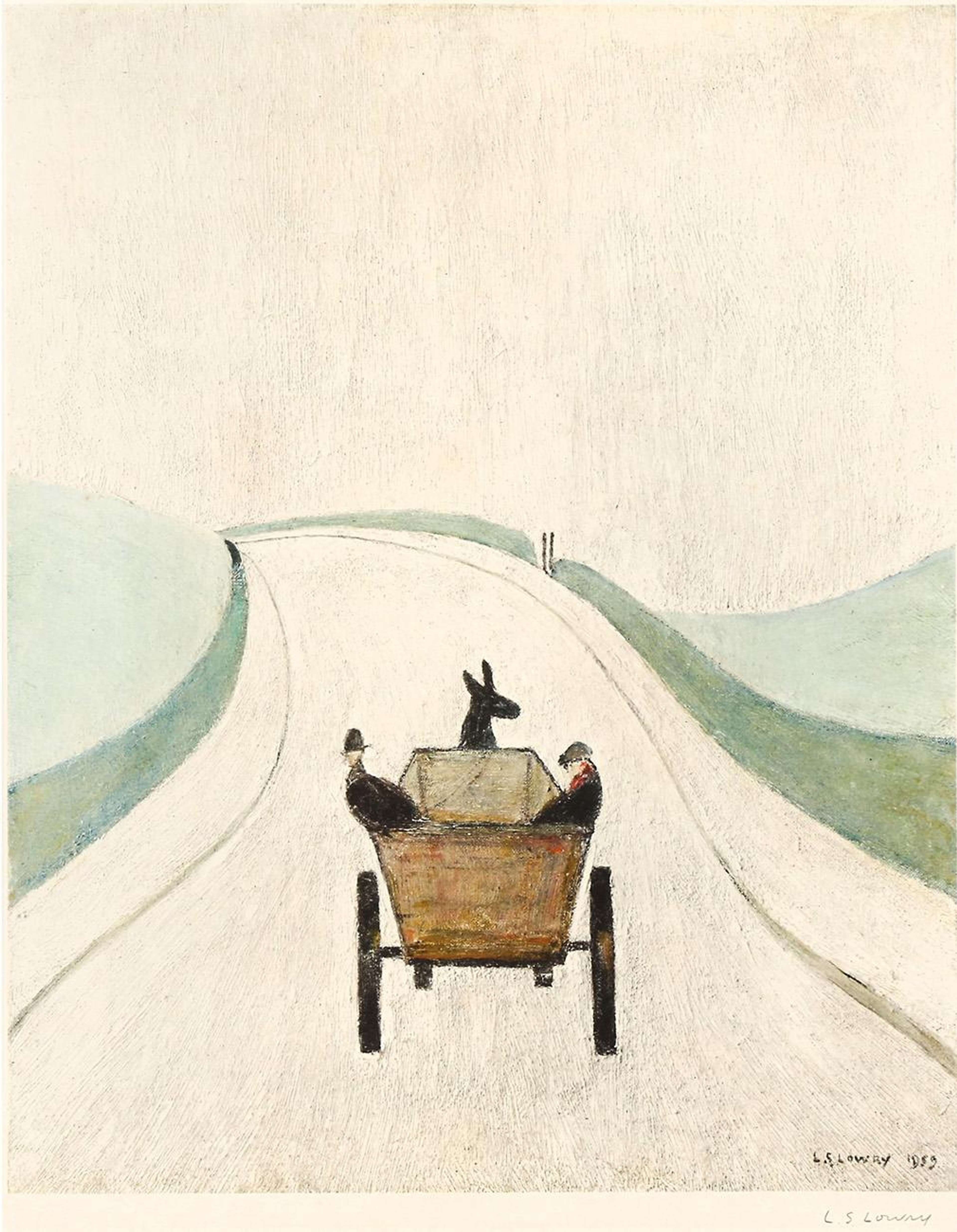 Un paysage aux couleurs atténuées représentant une charrette tirée par un mulet brun, transportant deux passagers le long d'une route bordée de pâturages verts.