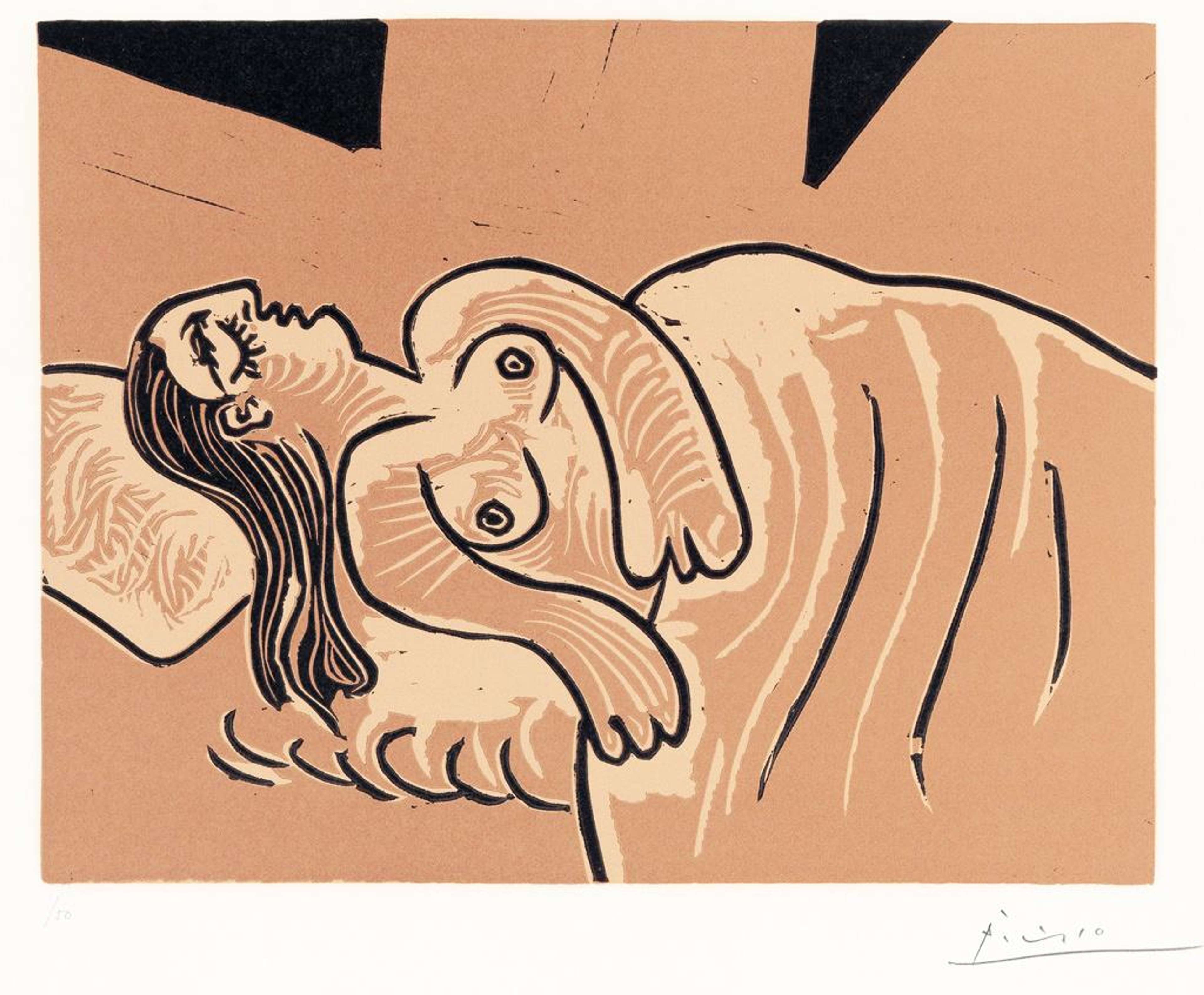 Une image de l'œuvre « Femme Endormie » de Pablo Picasso. Elle représente une femme endormie, les seins nus, dessinée en noir et blanc sur un fond beige.