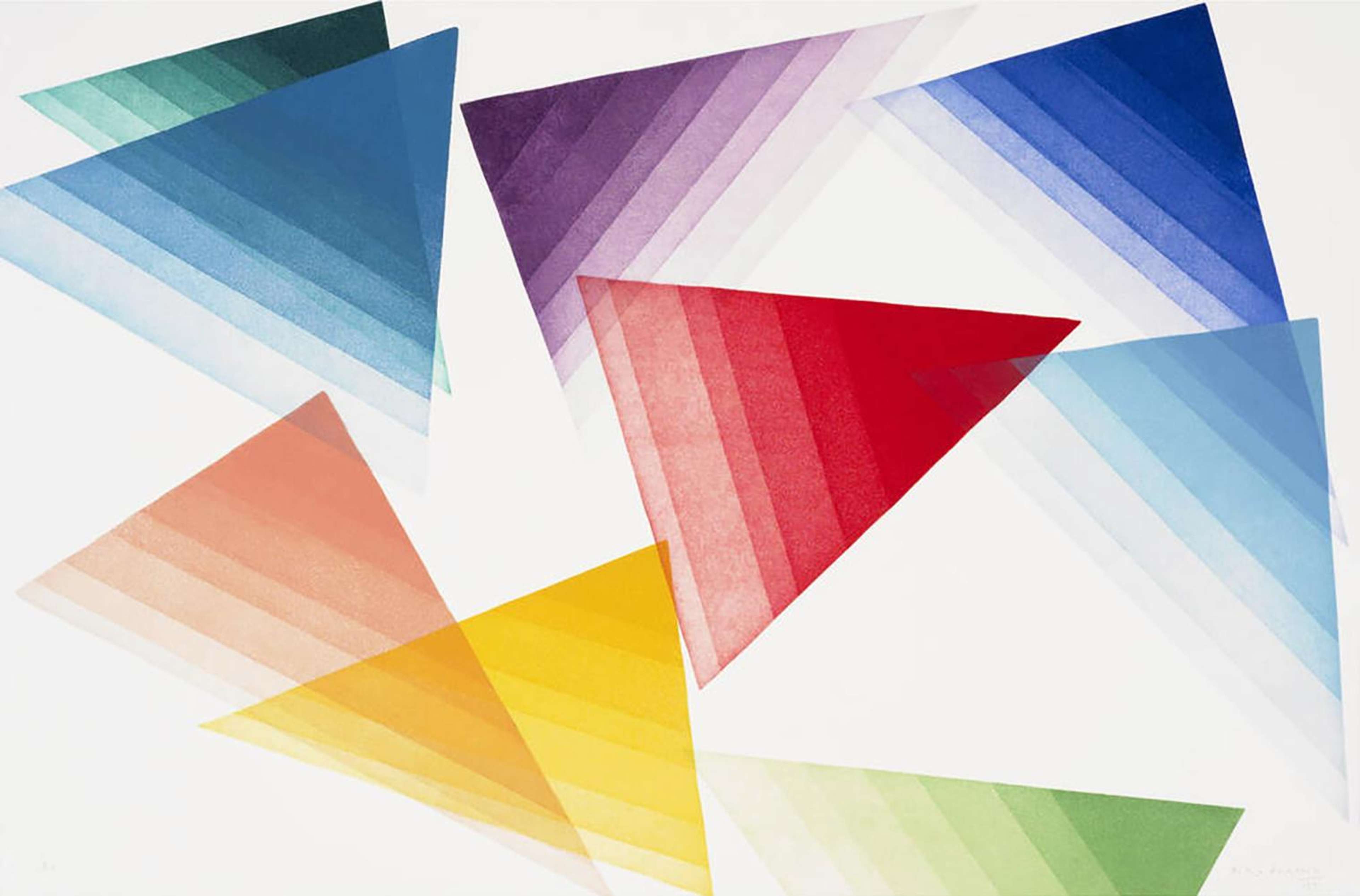 Une estampe présentant des ensembles de triangles colorés sur fond blanc. Chaque ensemble de triangles se compose d'un grand triangle clair et vif, sur lequel sont superposés des triangles de plus en plus petits, de sorte que leurs angles droits soient tous alignés avec précision. Cet effet de superposition est obtenu grâce à des encres translucides qui s'accumulent à chaque nouveau triangle. Les triangles sont de couleurs variées, allant du bleu et vert au rouge et jaune.