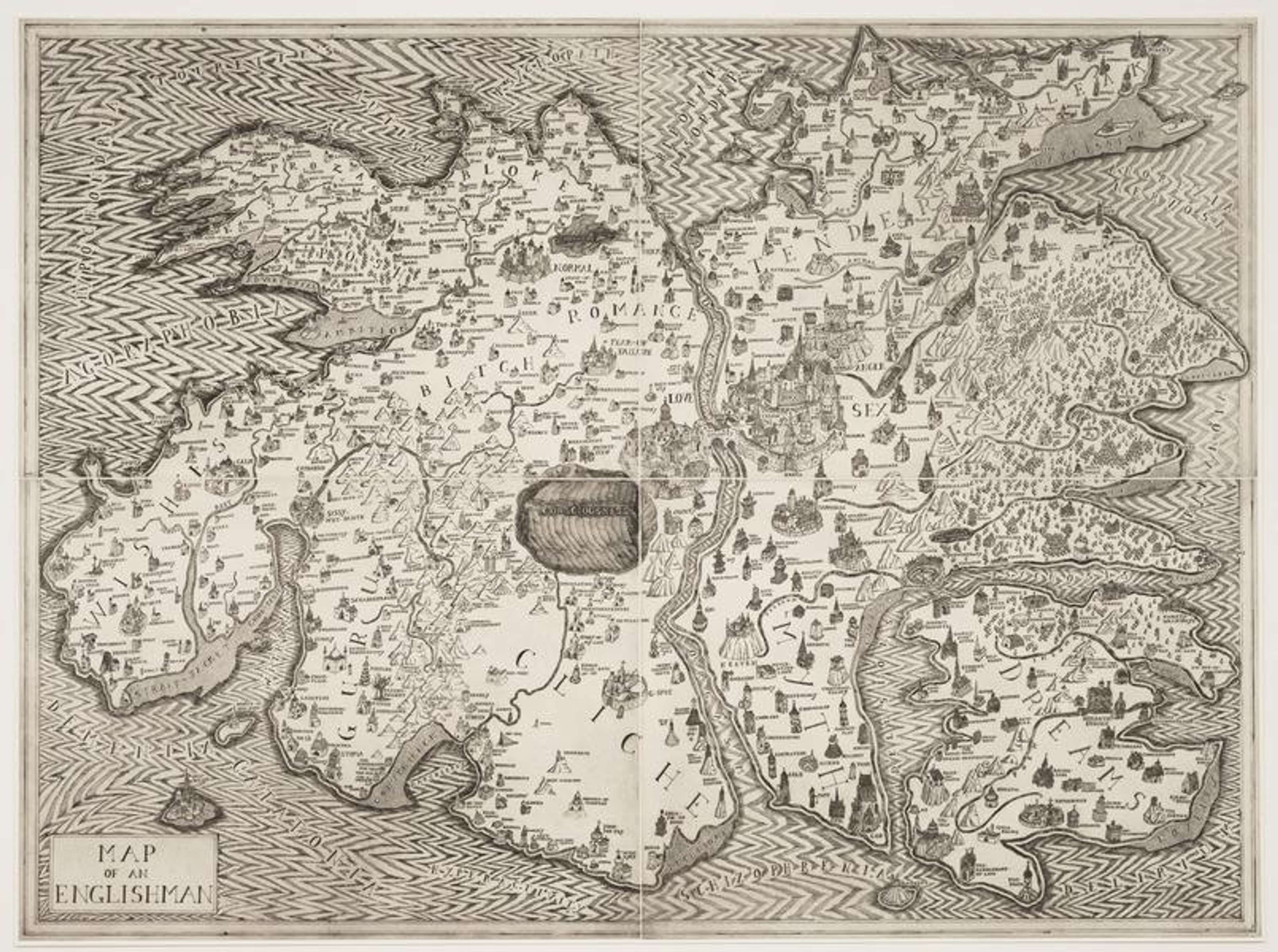 Eau-forte de Grayson Perry, représentant une carte des états psychologiques et des comportements, incluant des étendues d'eau nommées Délire et Psychopathe, ainsi que des points de repère appelés Bonheur, Cliché, Mauvaise éducation et Crachat..