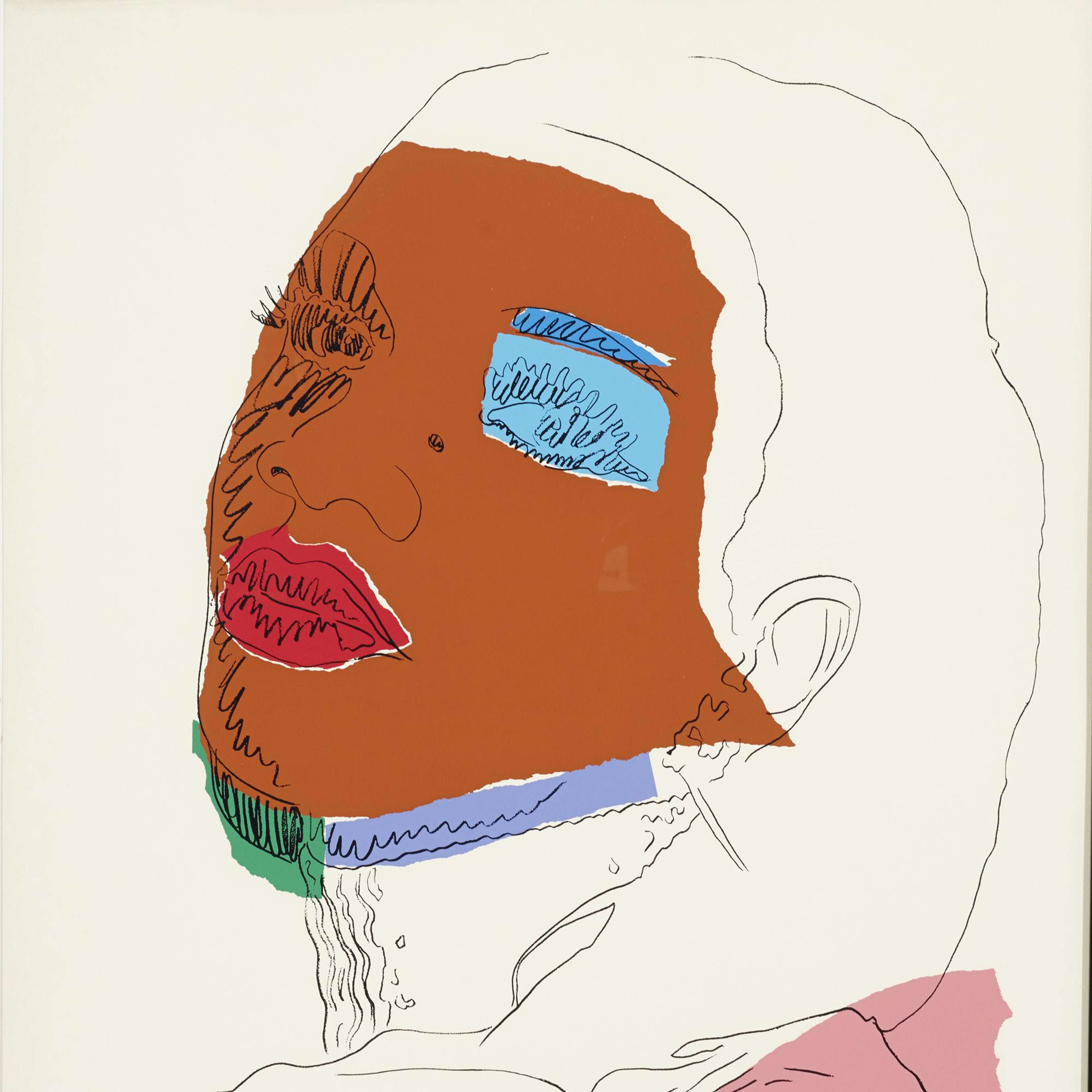 Un portrait stylisé dessiné au trait de profil, avec un visage rouge rouille recouvert de blocs plats de bleu, de vert, de violet et de rose, combinant des contours noirs lâches avec des aplats de couleur audacieux et inachevés sur un fond pâle.