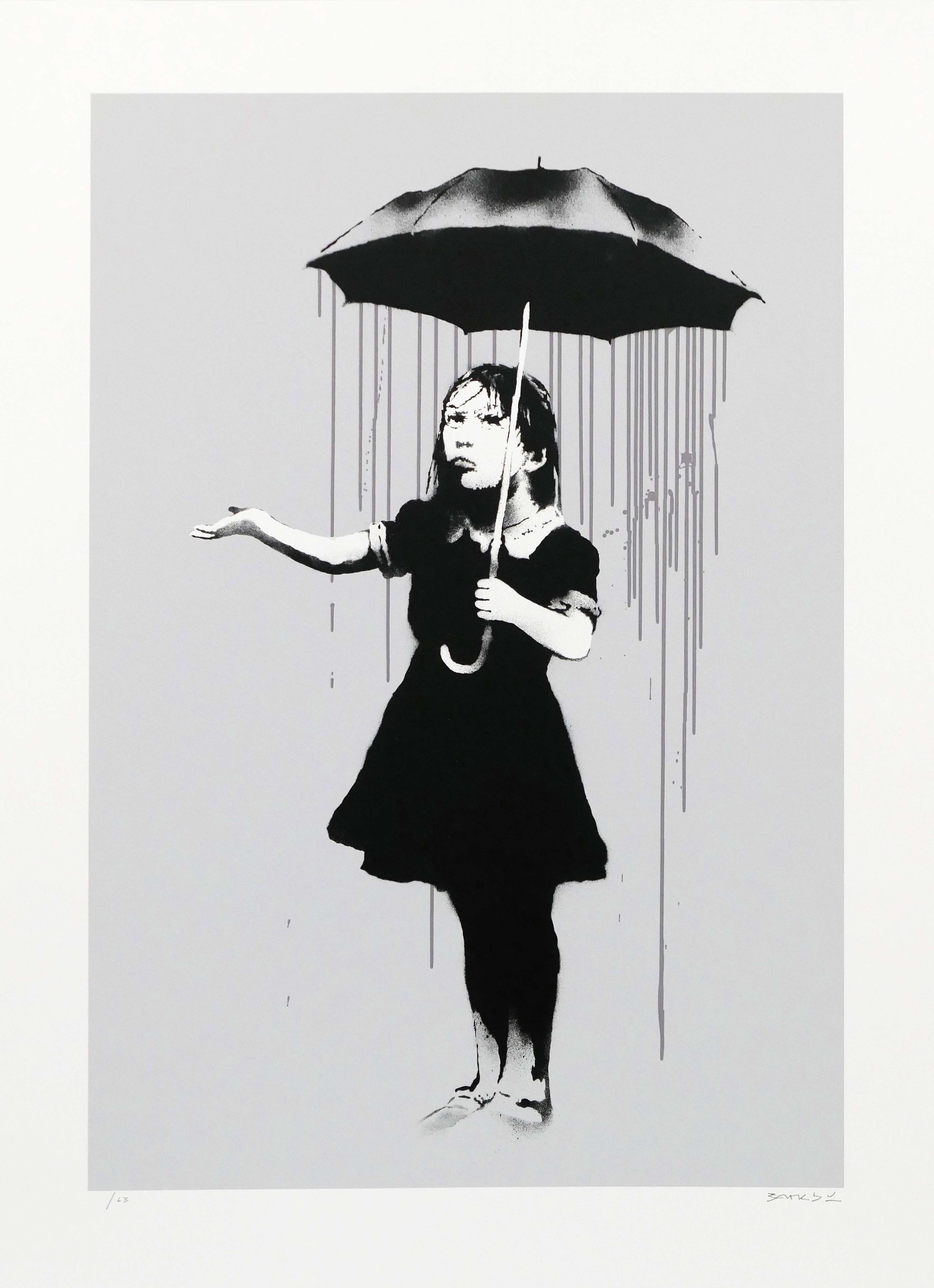 A black-and-white stencil of a young girl holding an umbrella that pours rain over her instead of shielding her.