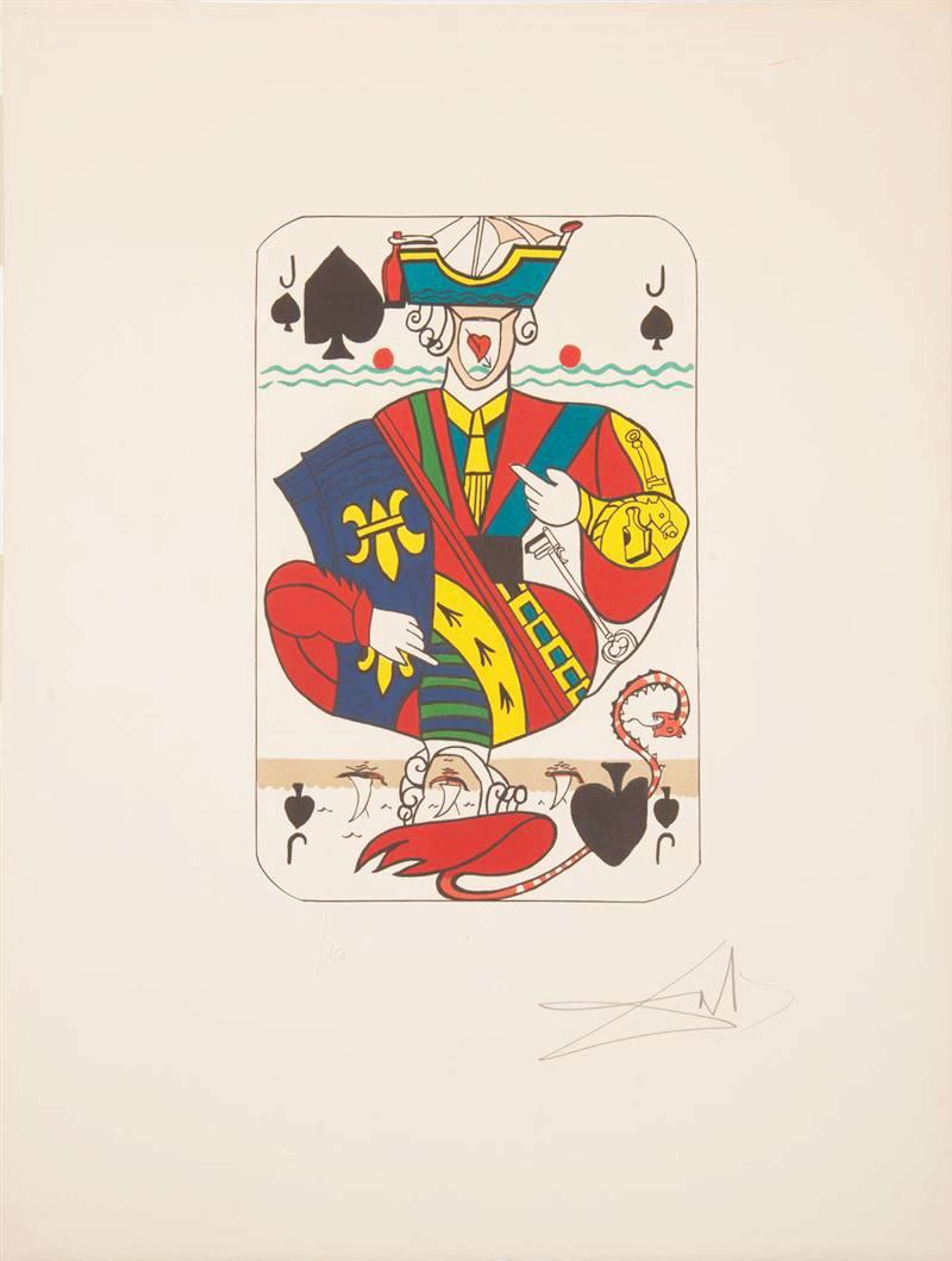 Un dessin représentant une carte à jouer traditionnelle, celle du Valet de Pique, agrémentée d'éléments d'imagerie nautique comme un navire, un bateau et un hippocampe.