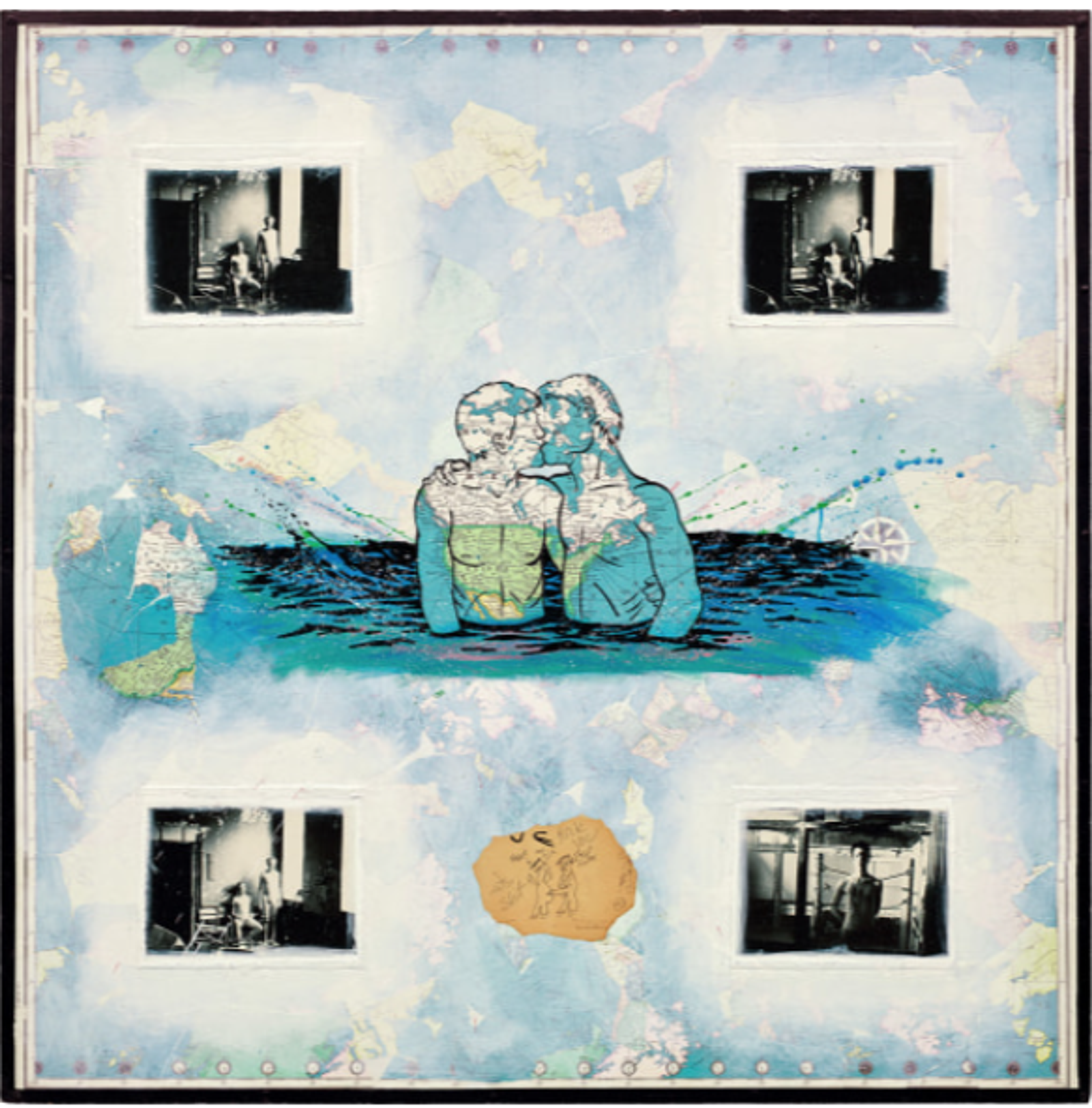 A black stencil of two shirtless men kissing in the sea is laid over a background of repeated world maps. Below the stencil is a crude drawing. Towards each corner is a black-and-white photograph - three depict two nude men, one sitting, one standing, while the lower right photo depicts one man alone.