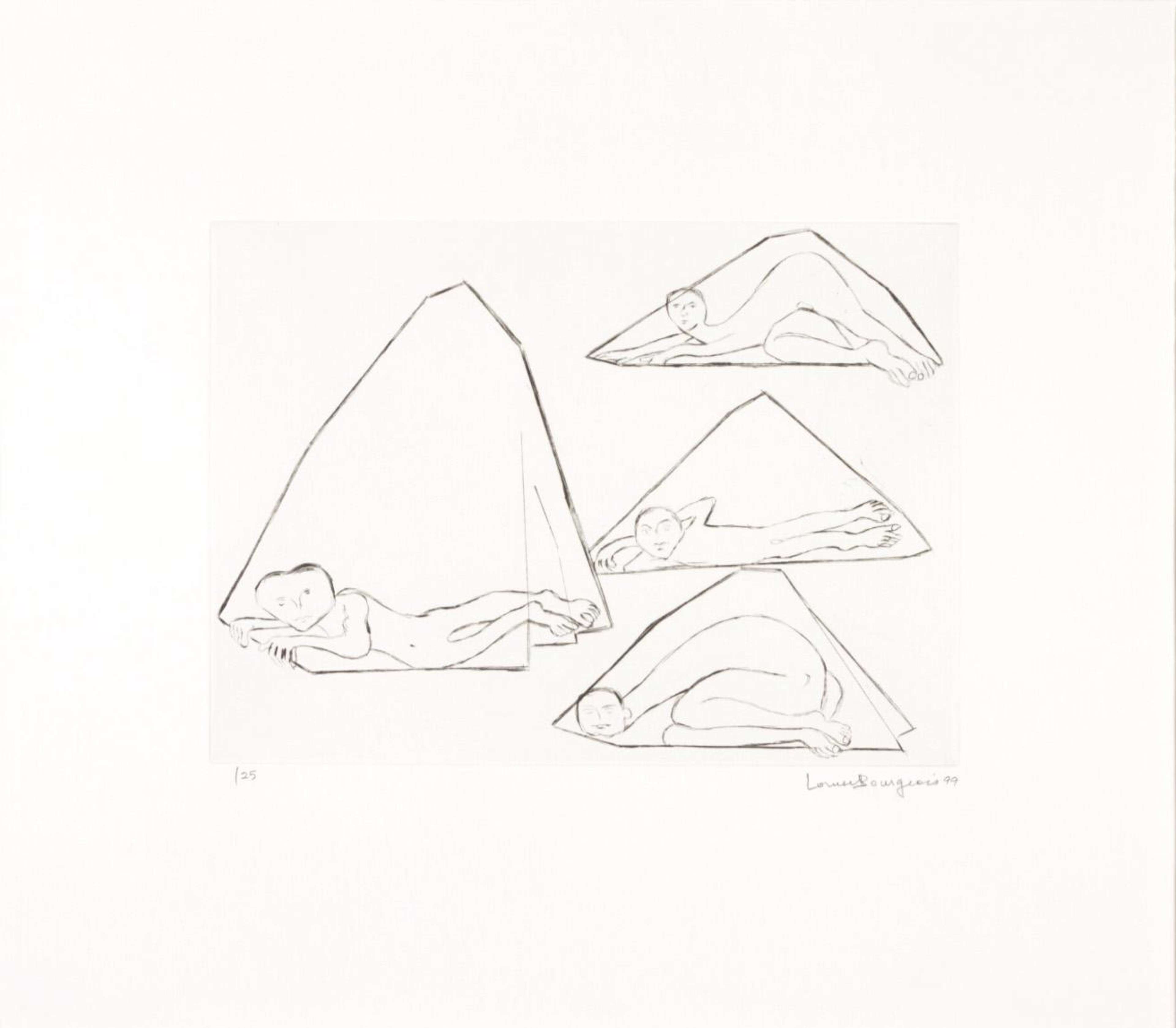 Louise Bourgeois’ Fear. A drypoint print of one person, four times, changing form within a tent. 