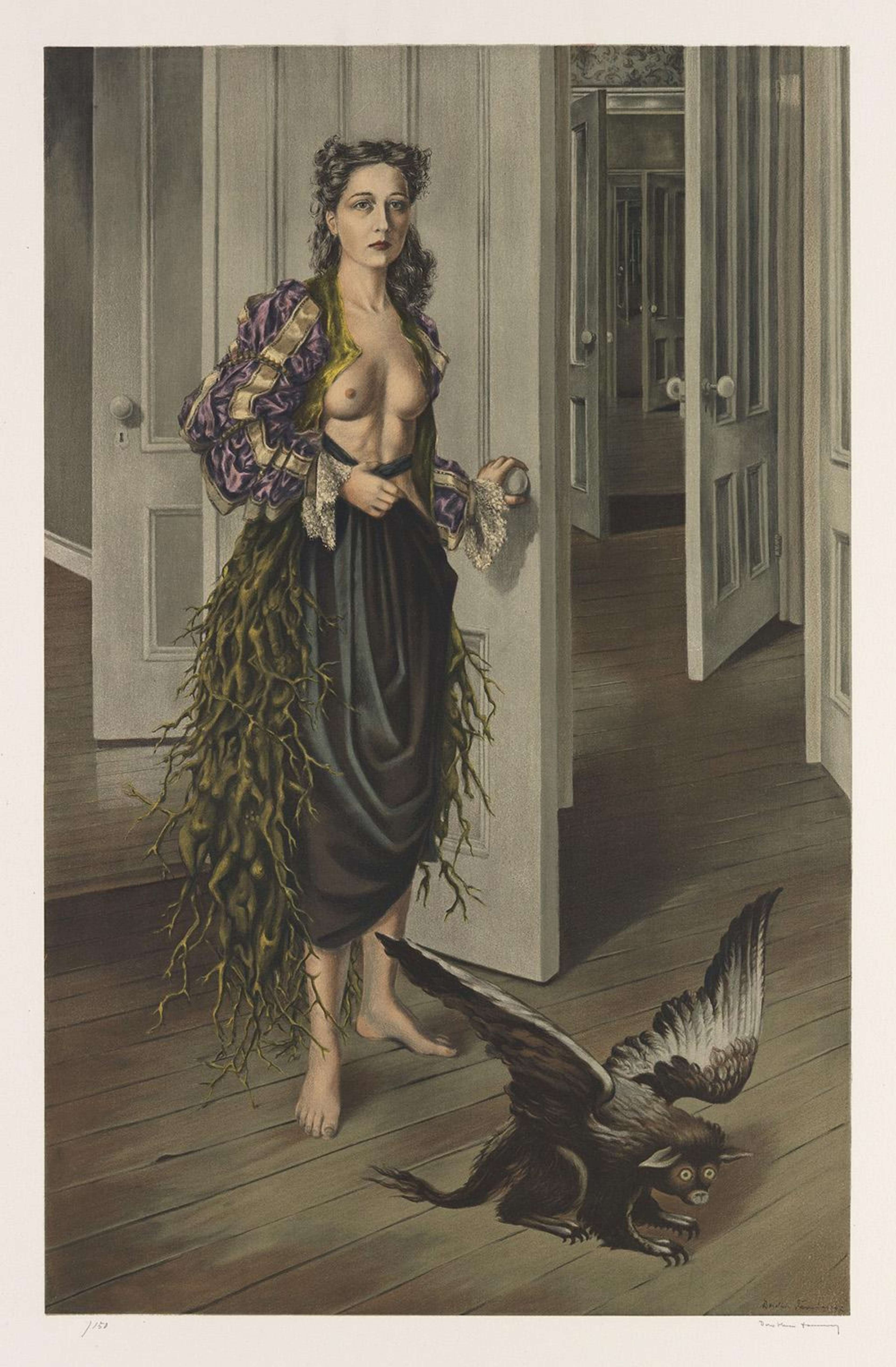 Femme aux seins nus, créature surnaturelle dotée d'ailes aux pieds